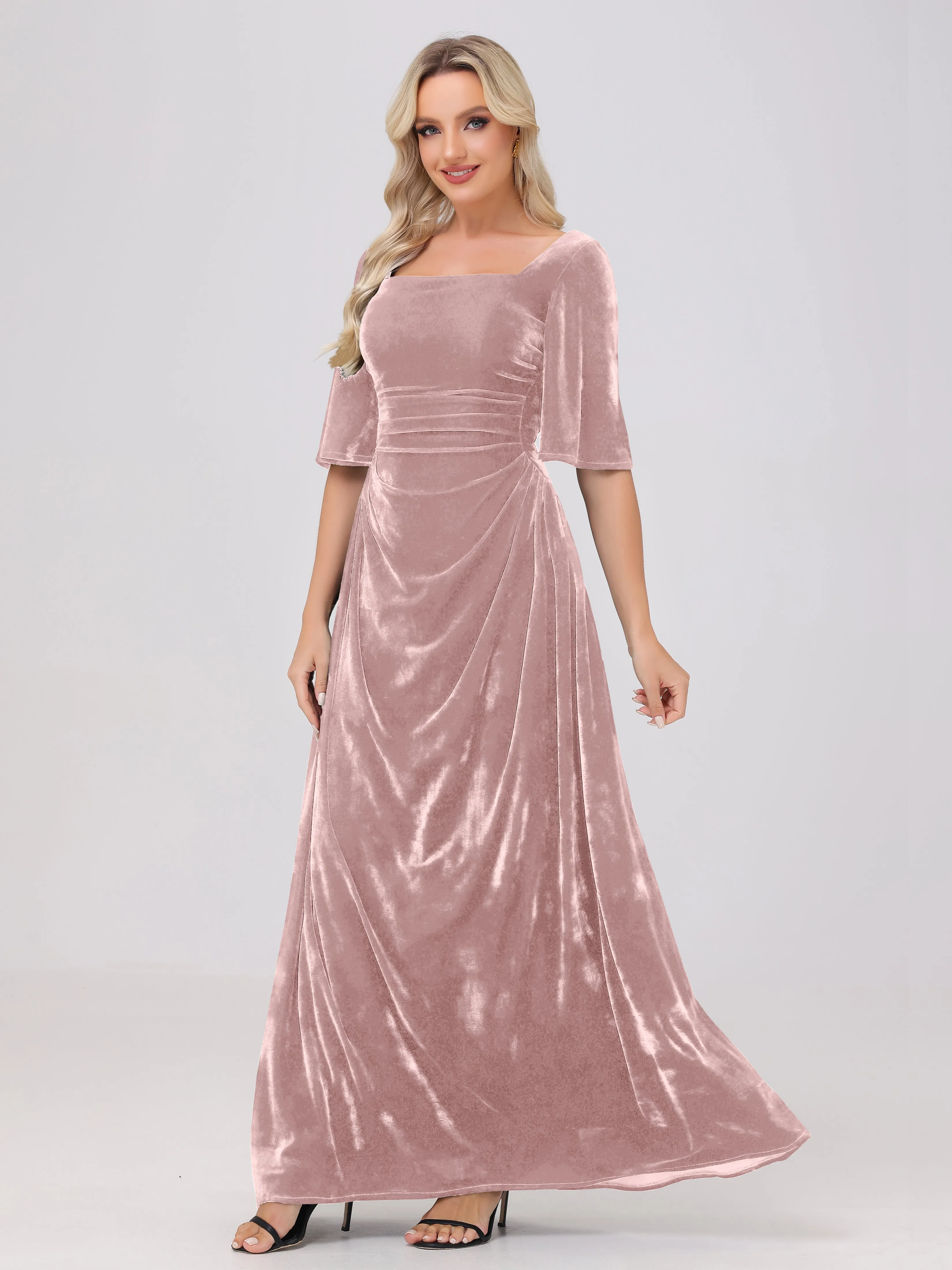 Half Sleeves Square Neck Velvet Bridesmaid Dresses