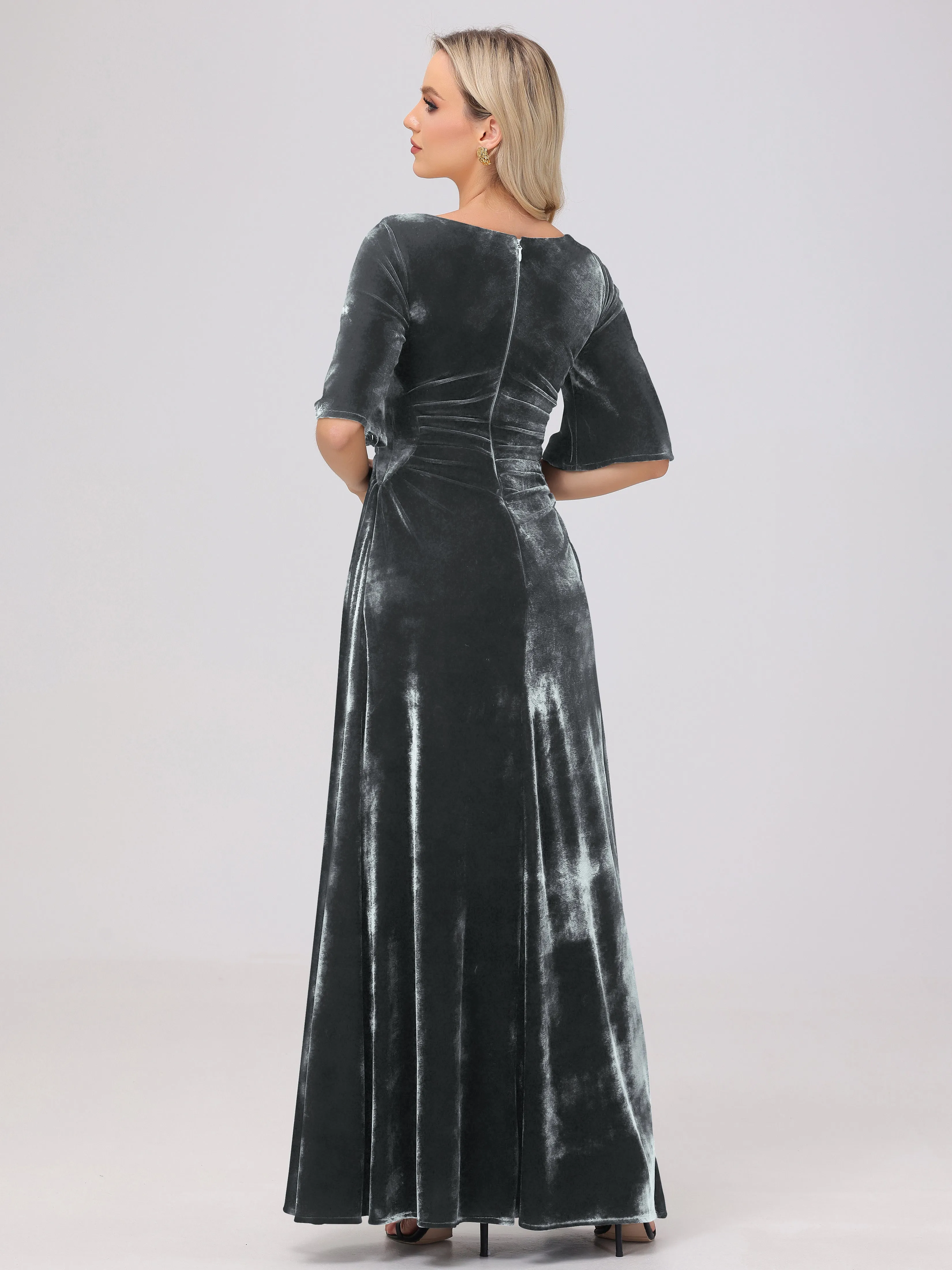 Half Sleeves Square Neck Velvet Bridesmaid Dresses