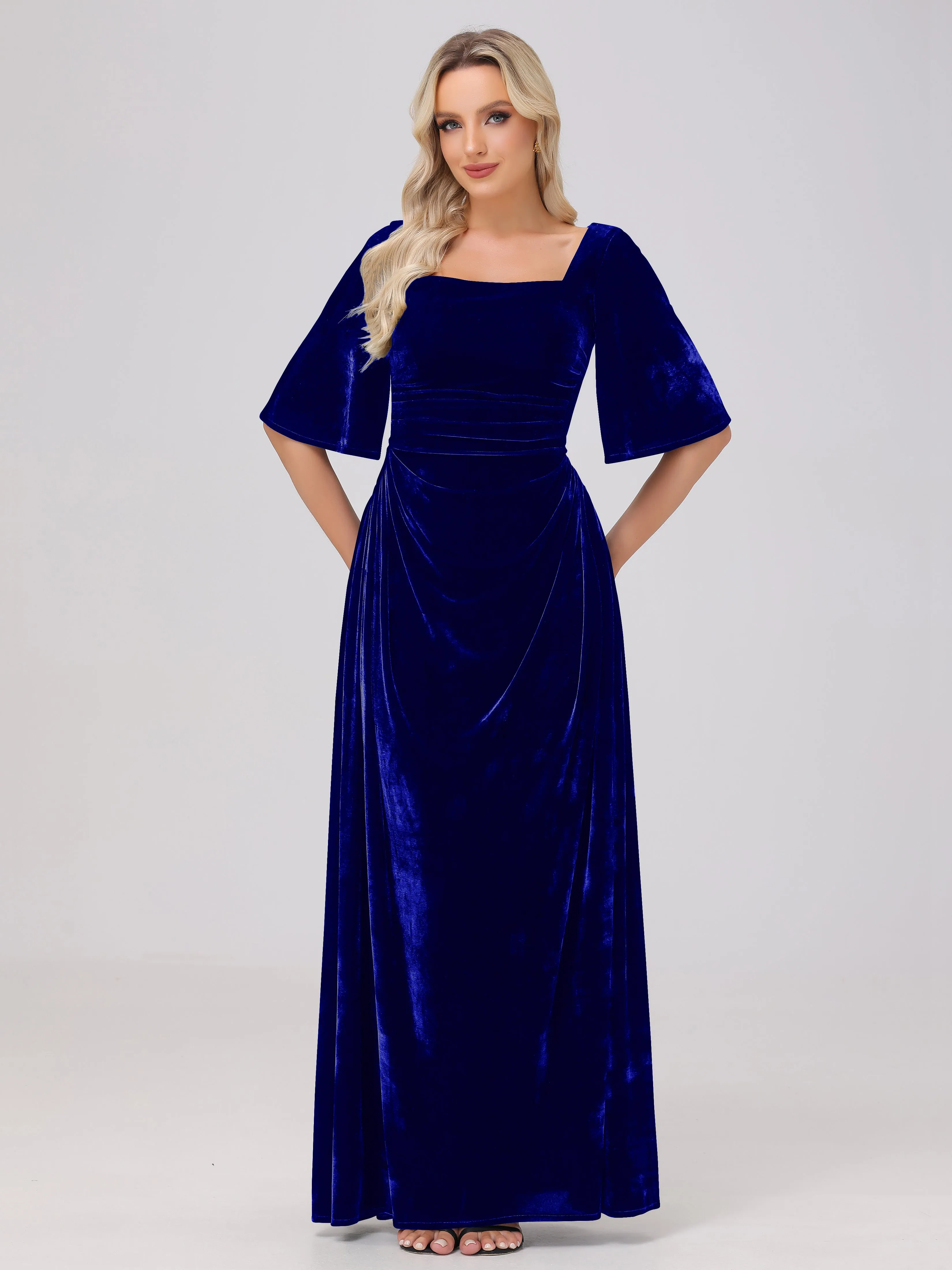 Half Sleeves Square Neck Velvet Bridesmaid Dresses