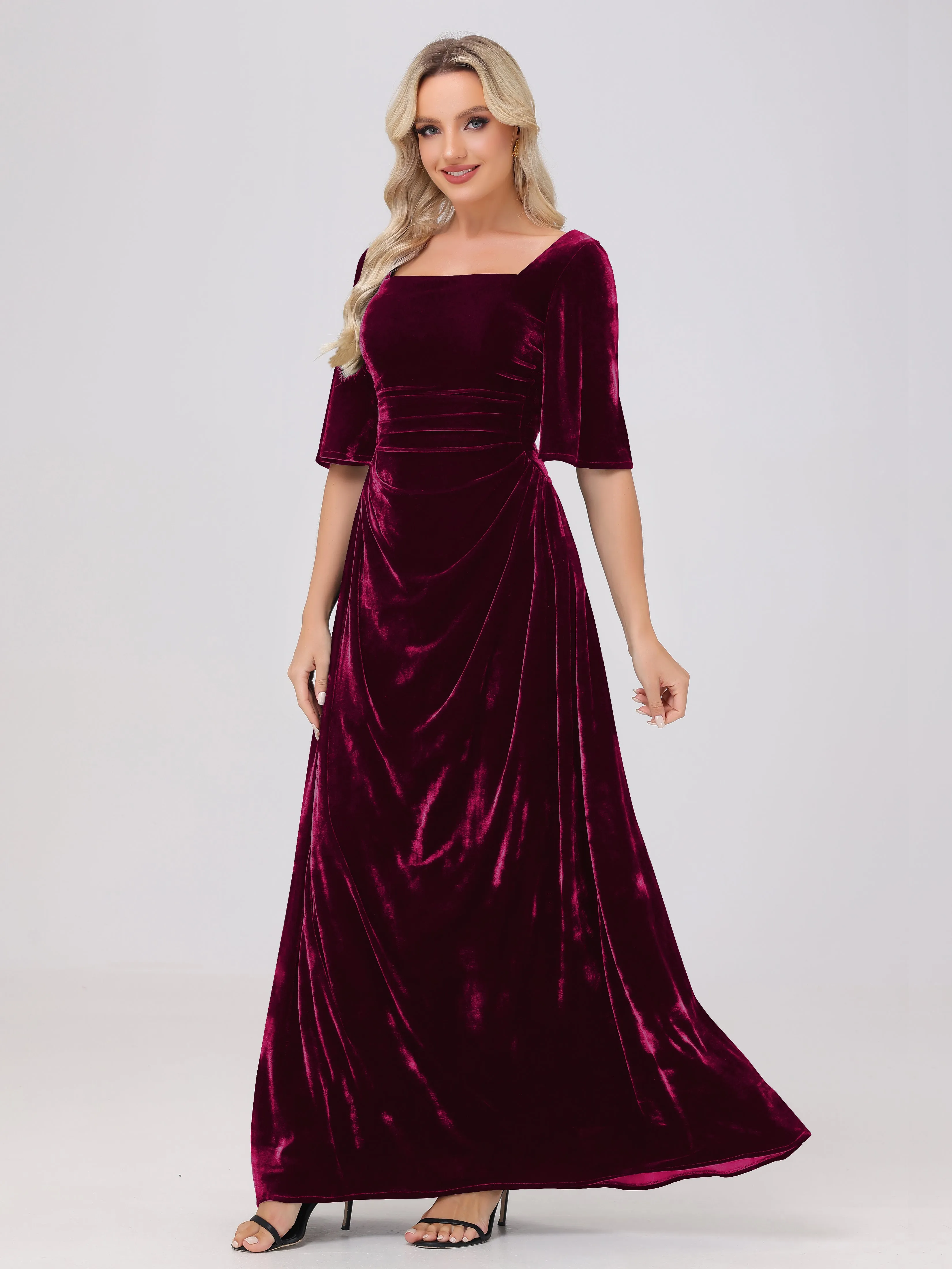 Half Sleeves Square Neck Velvet Bridesmaid Dresses