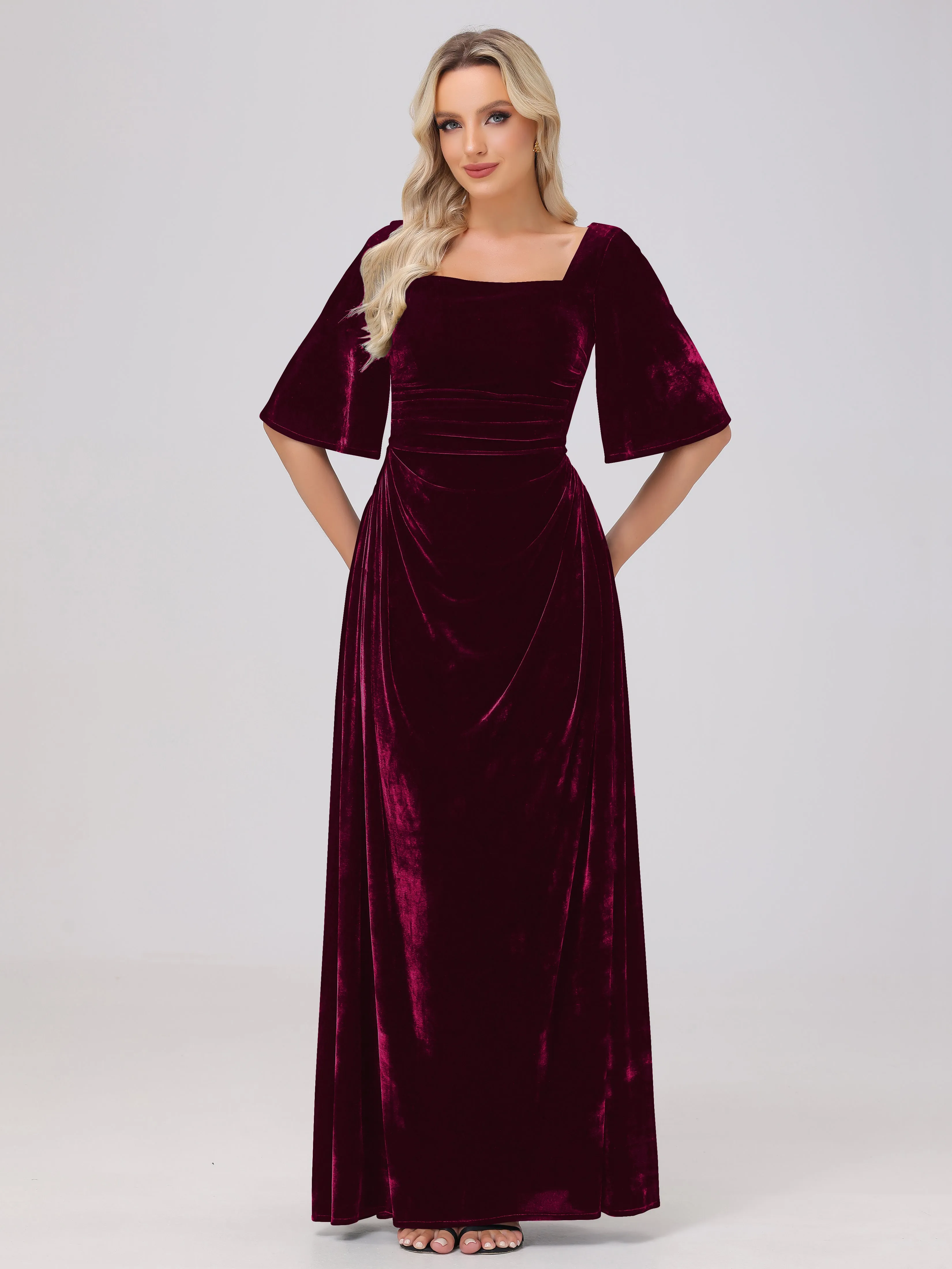 Half Sleeves Square Neck Velvet Bridesmaid Dresses