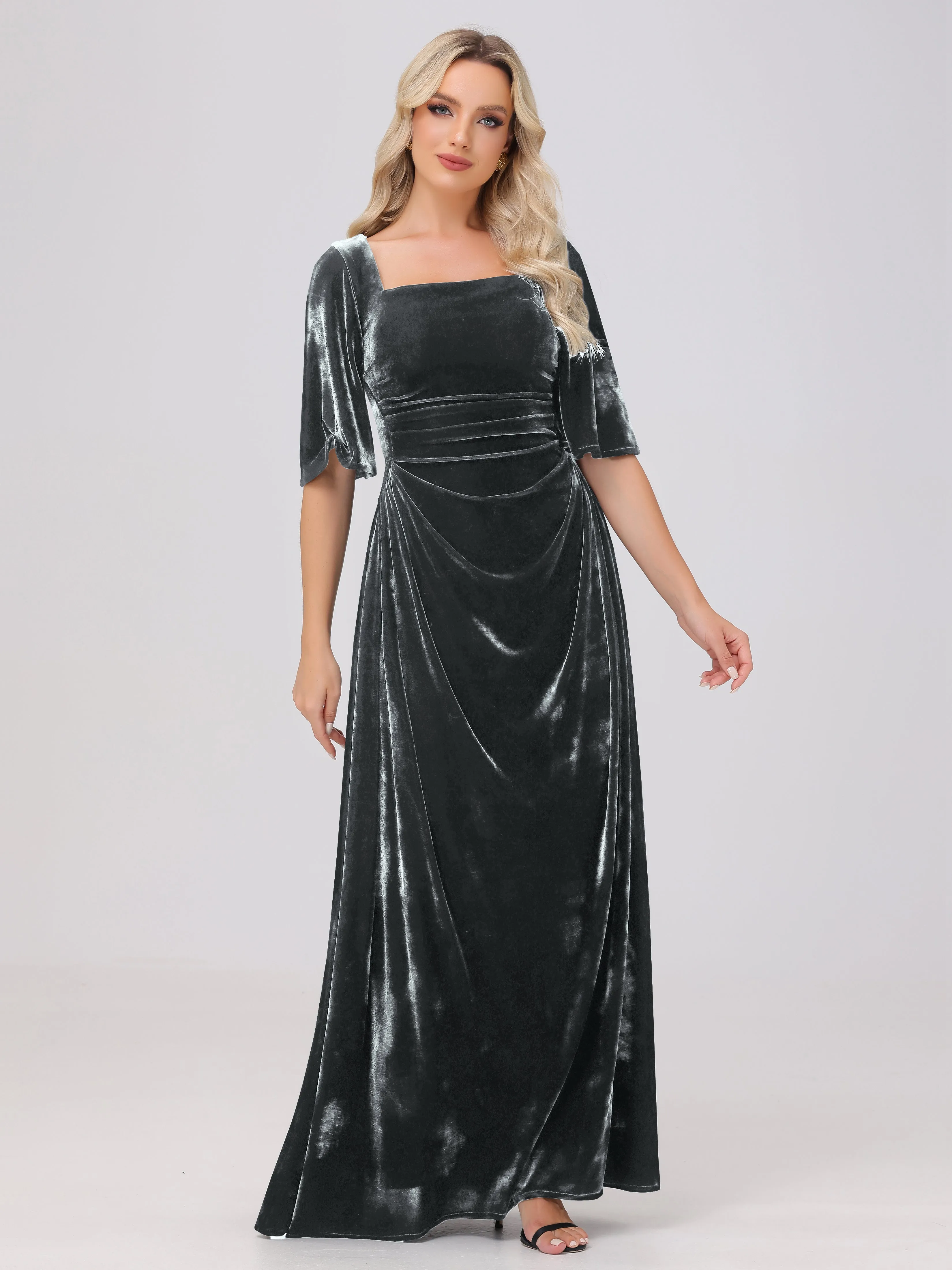 Half Sleeves Square Neck Velvet Bridesmaid Dresses