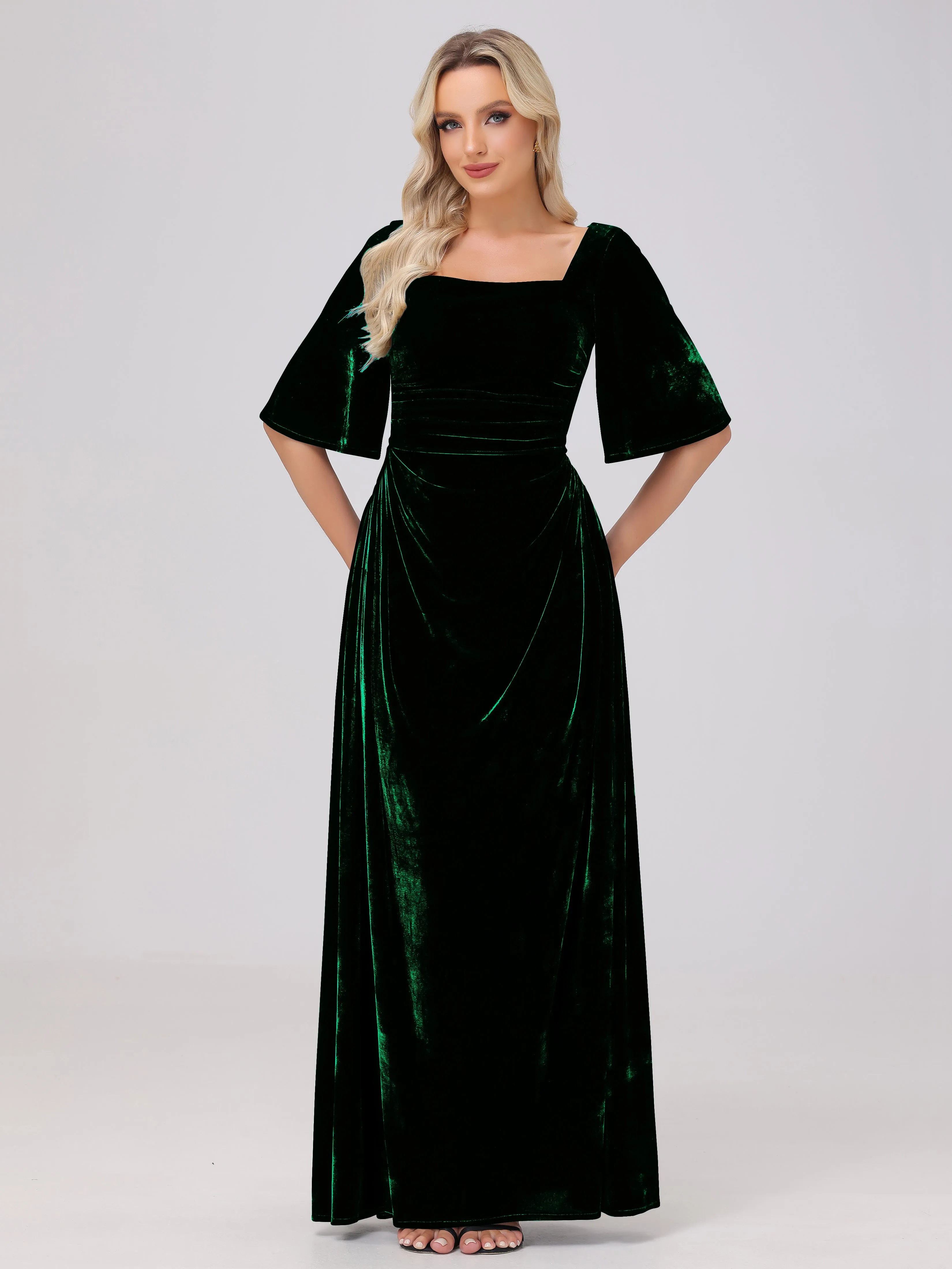 Half Sleeves Square Neck Velvet Bridesmaid Dresses