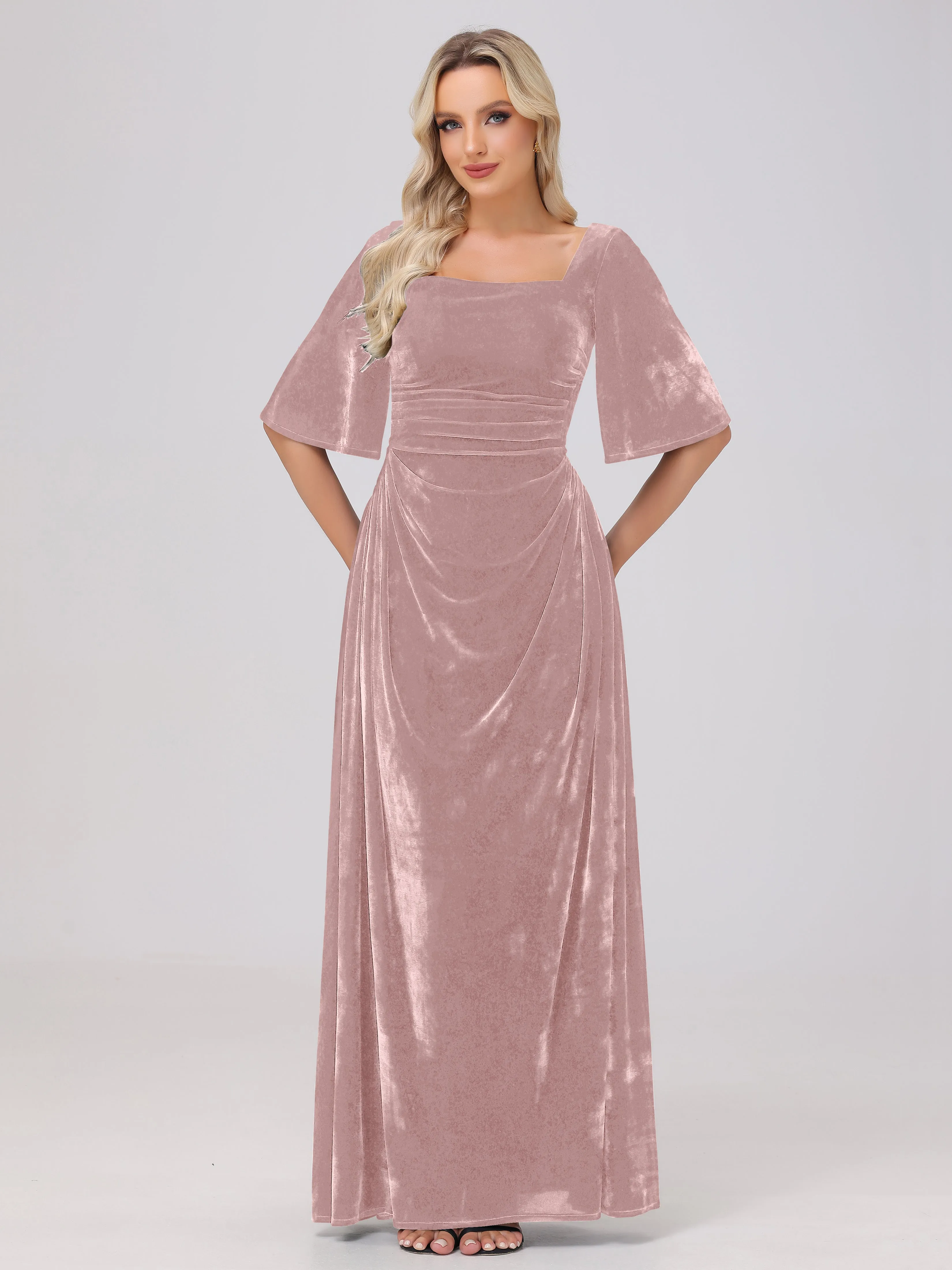 Half Sleeves Square Neck Velvet Bridesmaid Dresses
