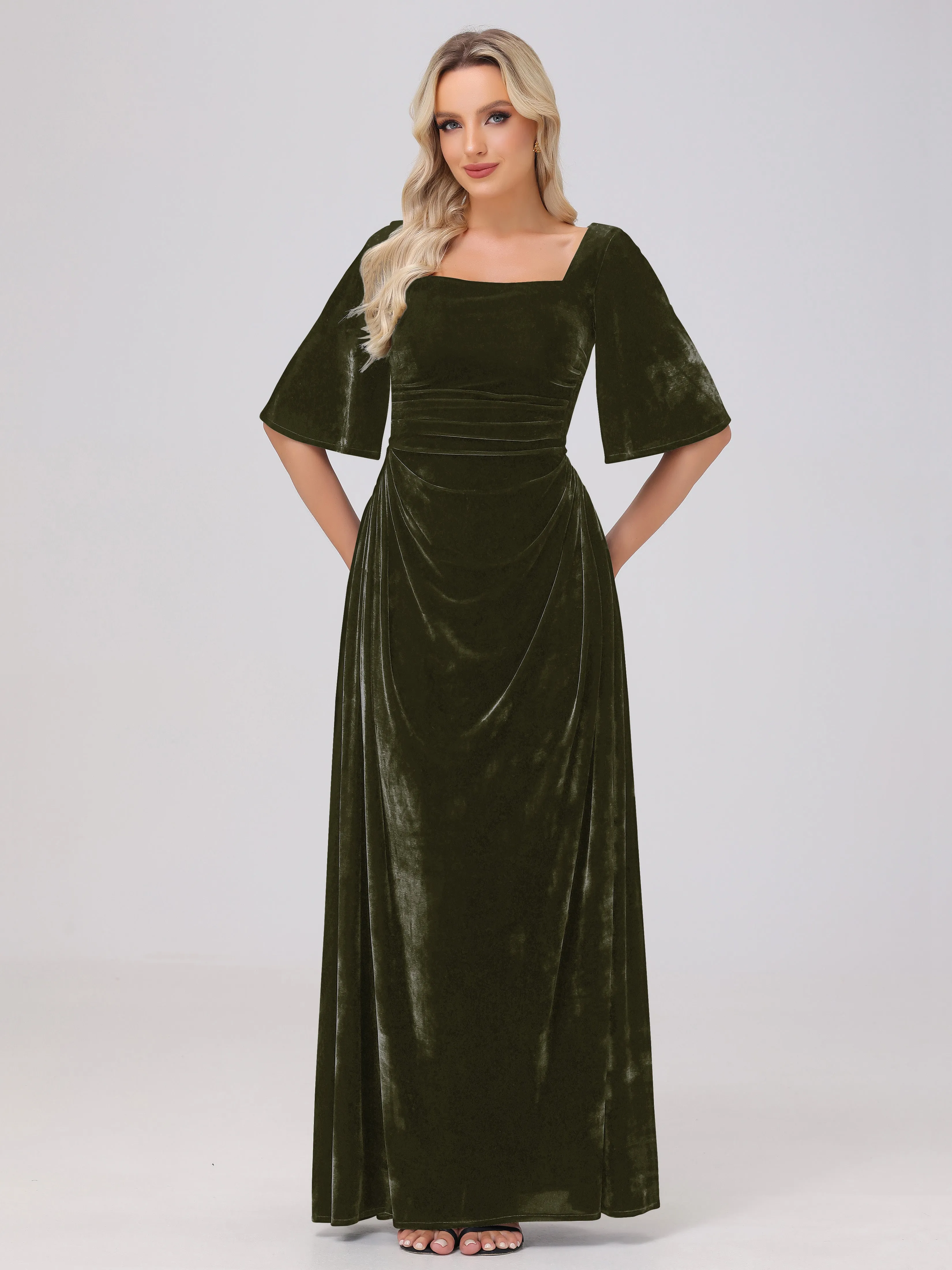 Half Sleeves Square Neck Velvet Bridesmaid Dresses