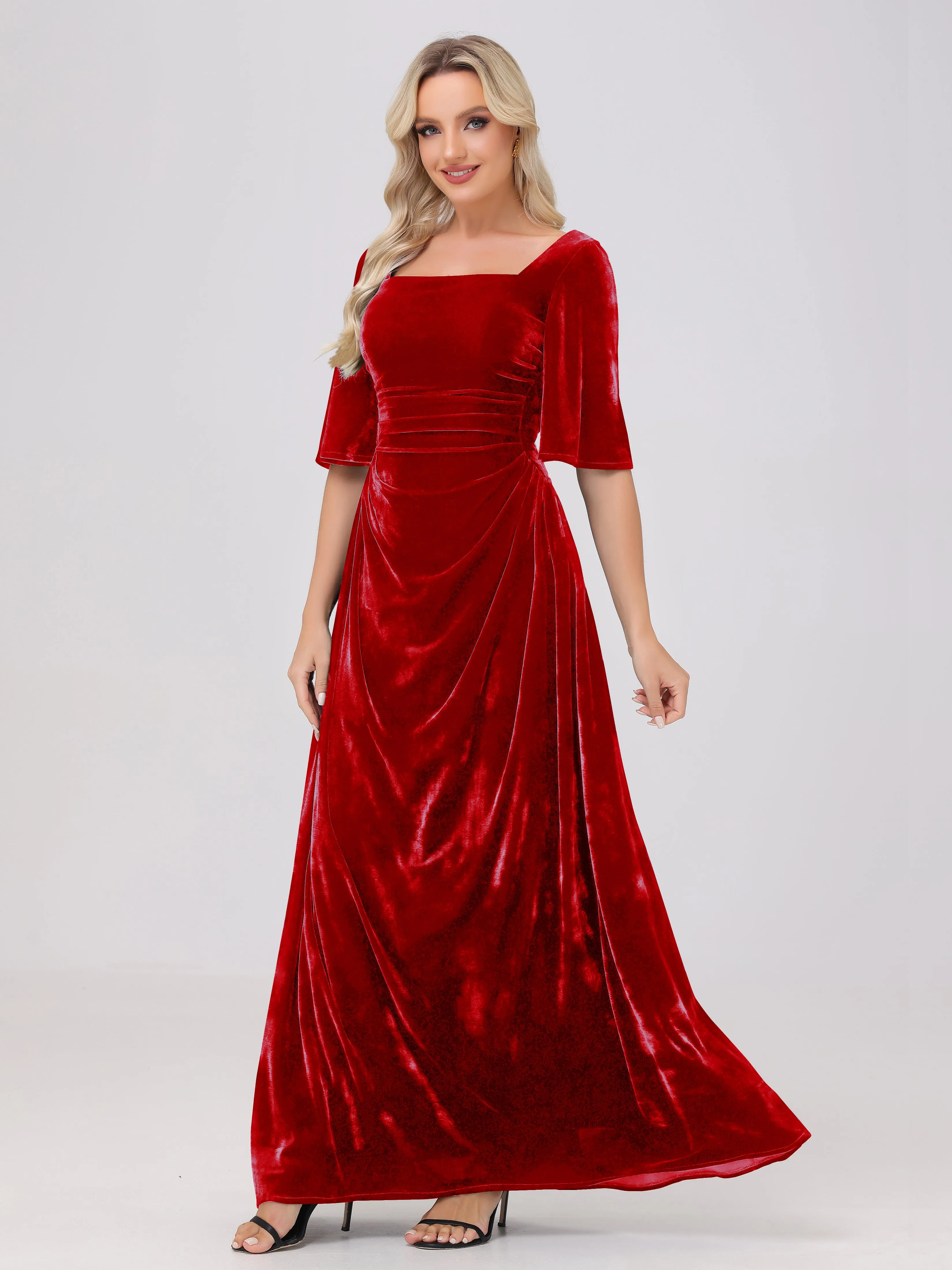 Half Sleeves Square Neck Velvet Bridesmaid Dresses