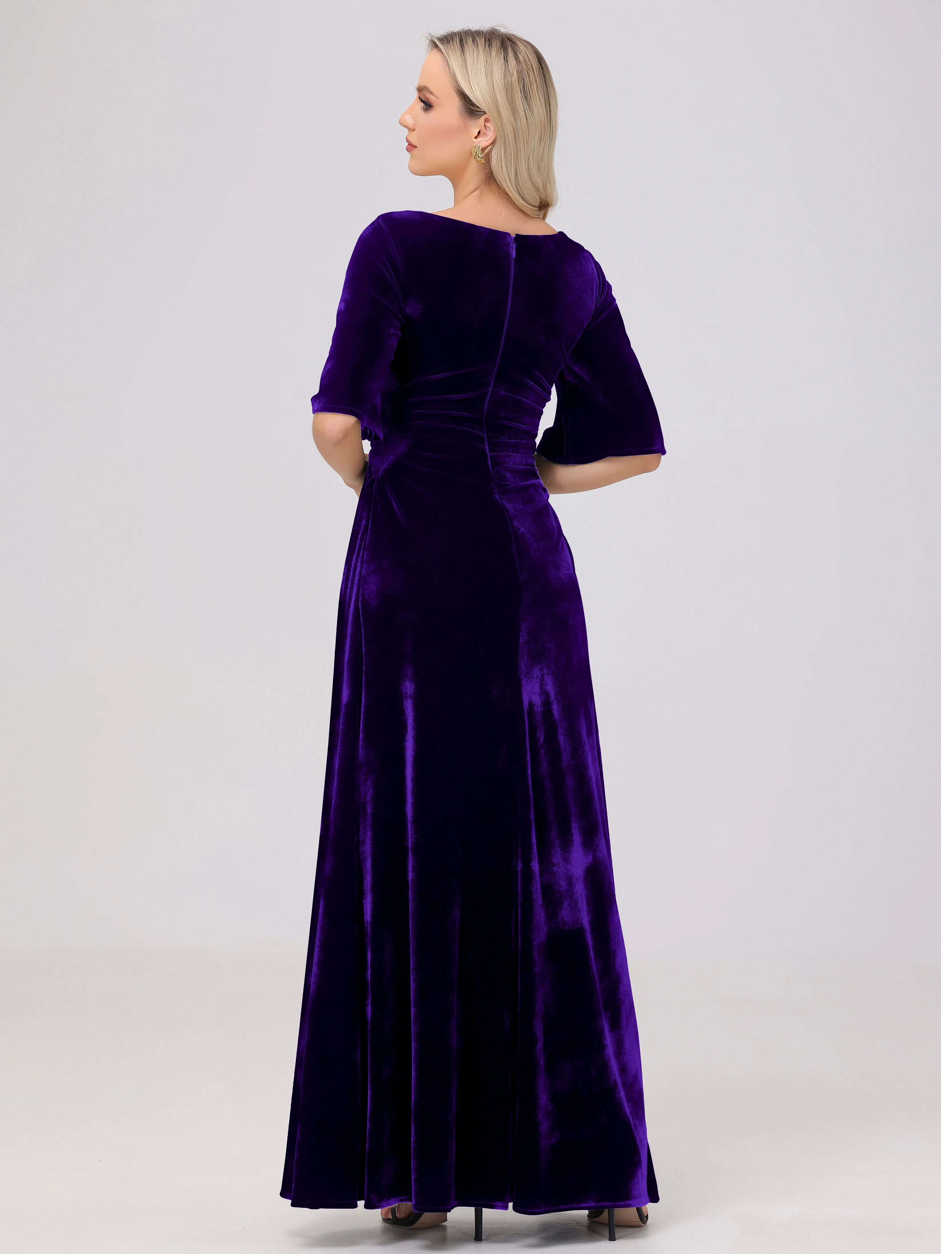 Half Sleeves Square Neck Velvet Bridesmaid Dresses