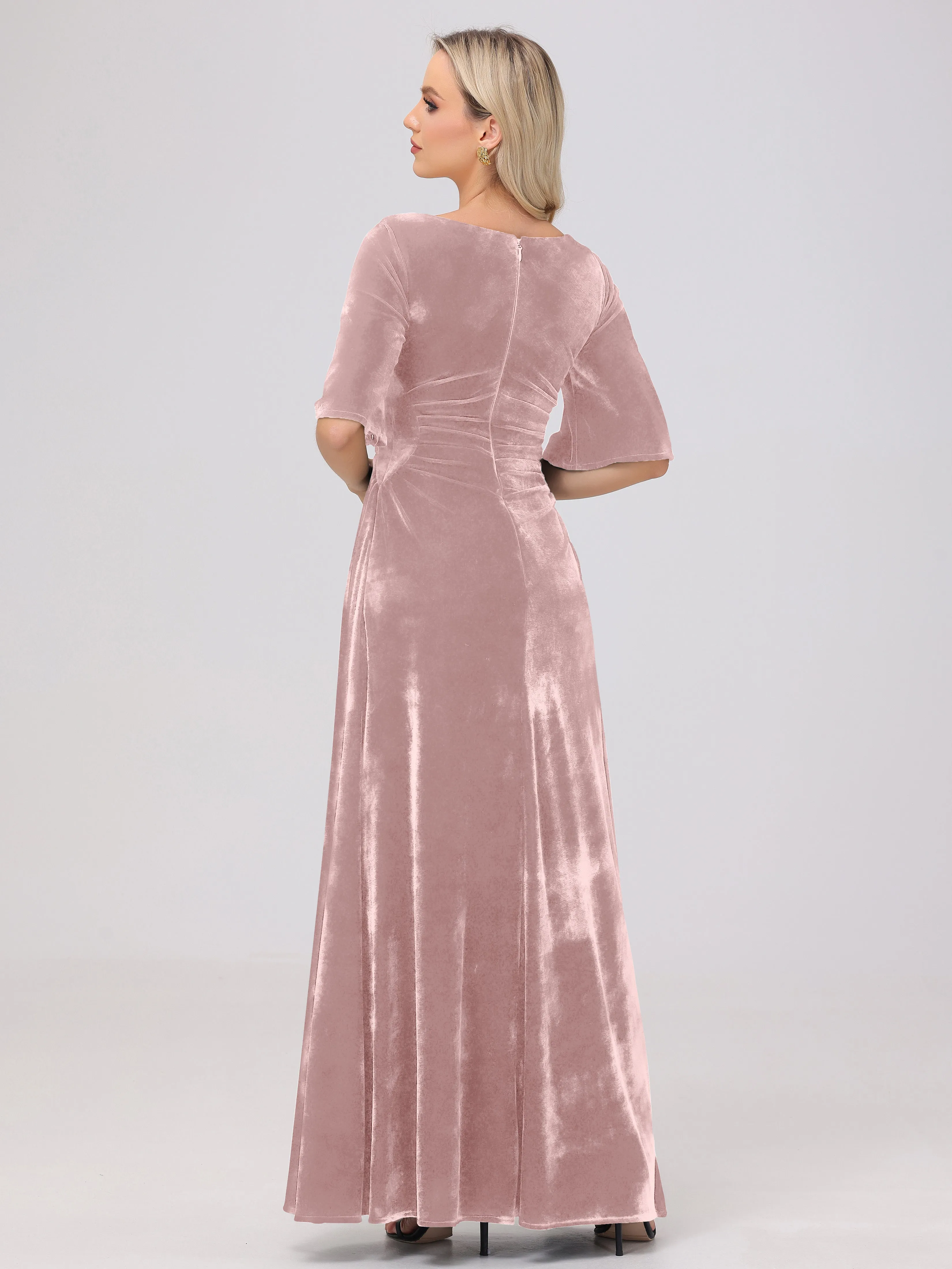 Half Sleeves Square Neck Velvet Bridesmaid Dresses
