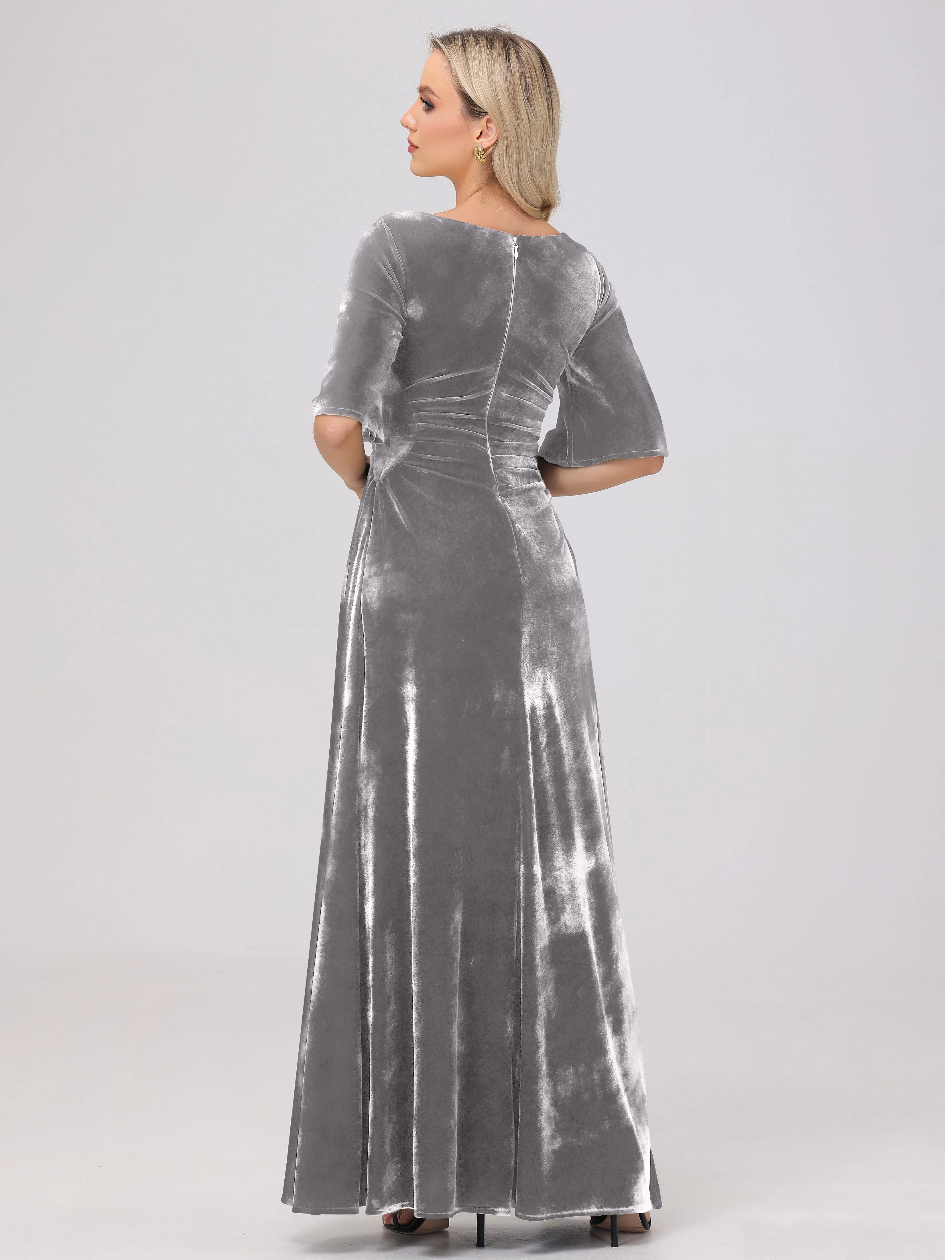 Half Sleeves Square Neck Velvet Bridesmaid Dresses