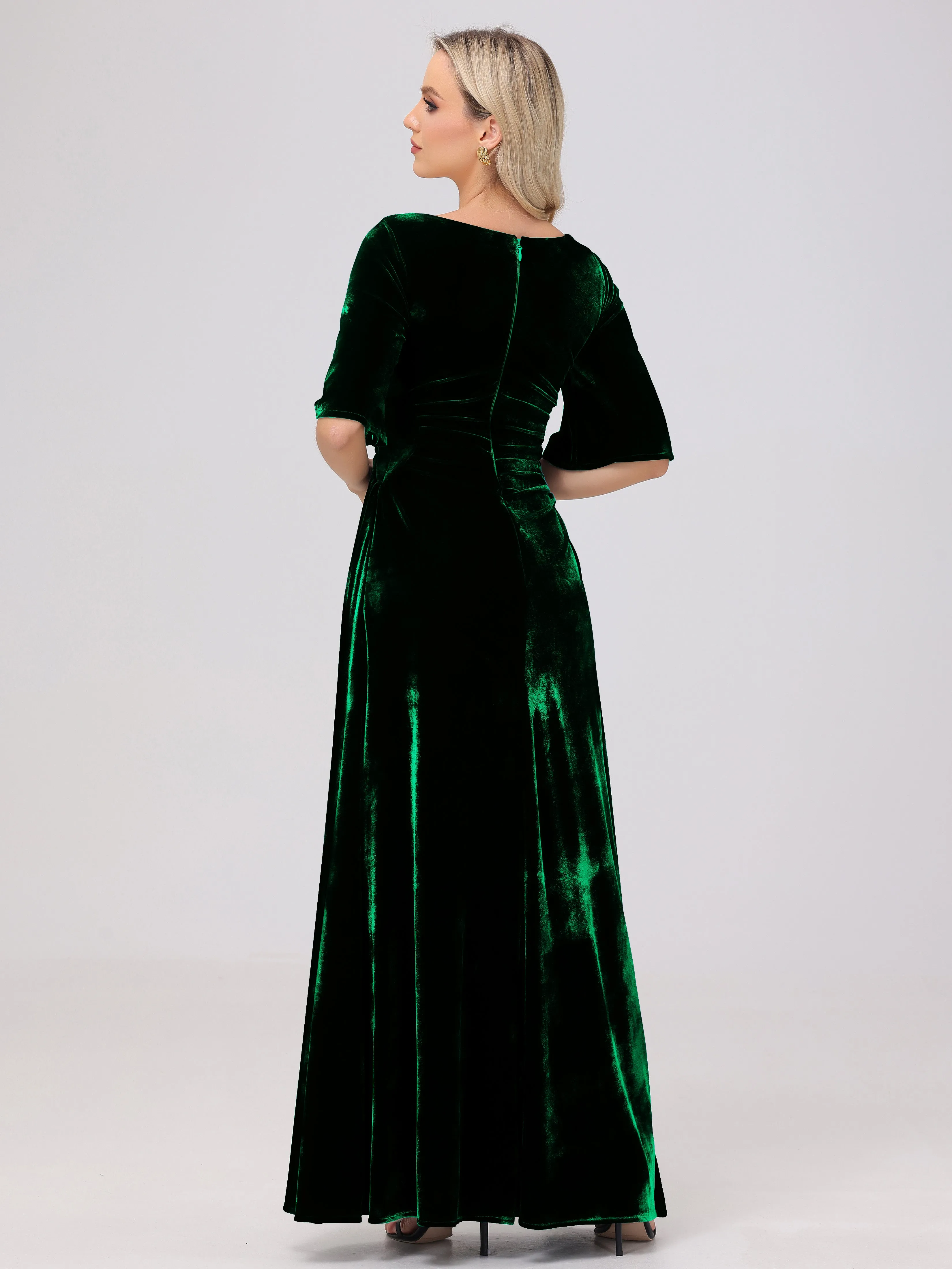 Half Sleeves Square Neck Velvet Bridesmaid Dresses