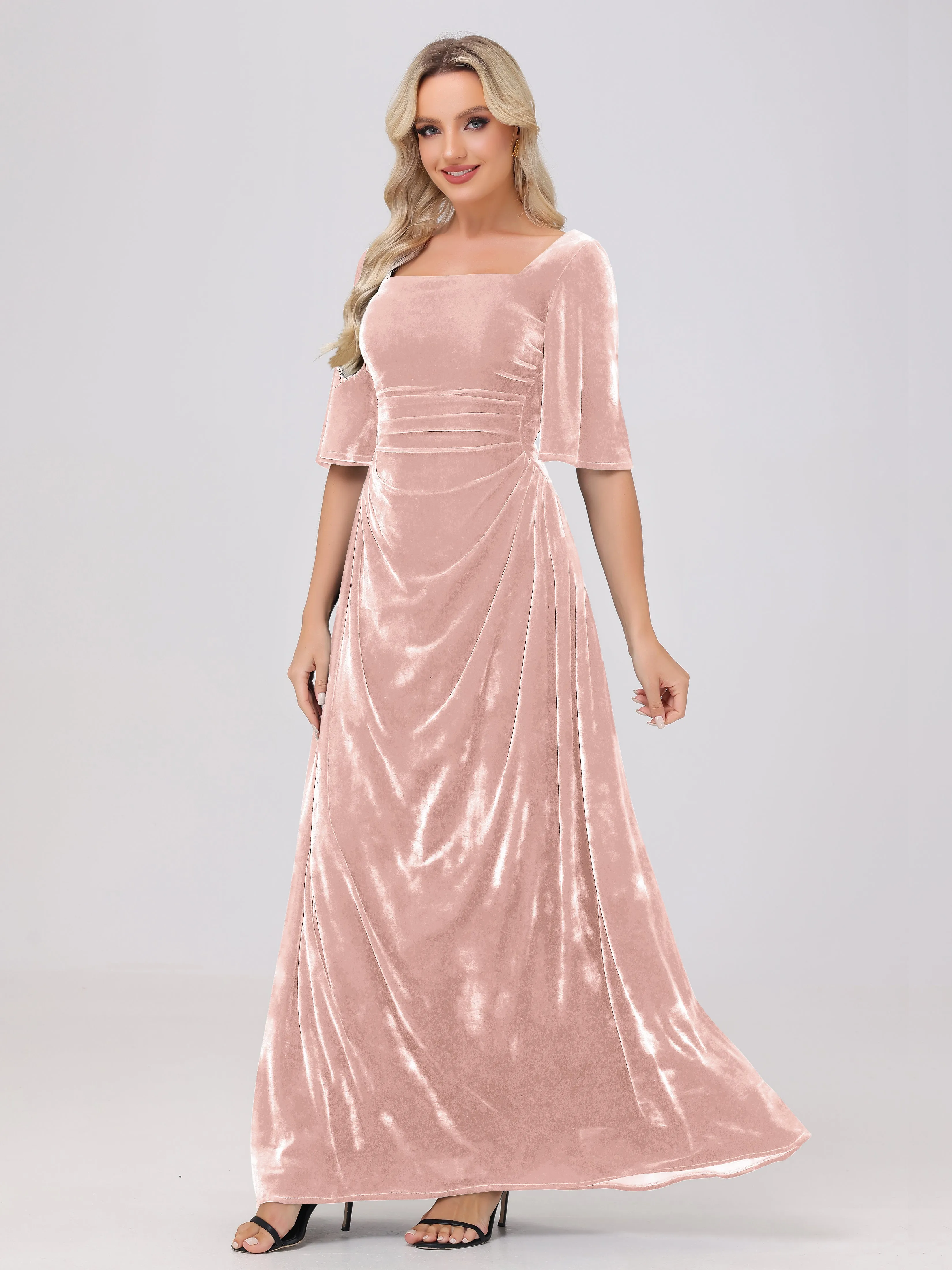 Half Sleeves Square Neck Velvet Bridesmaid Dresses
