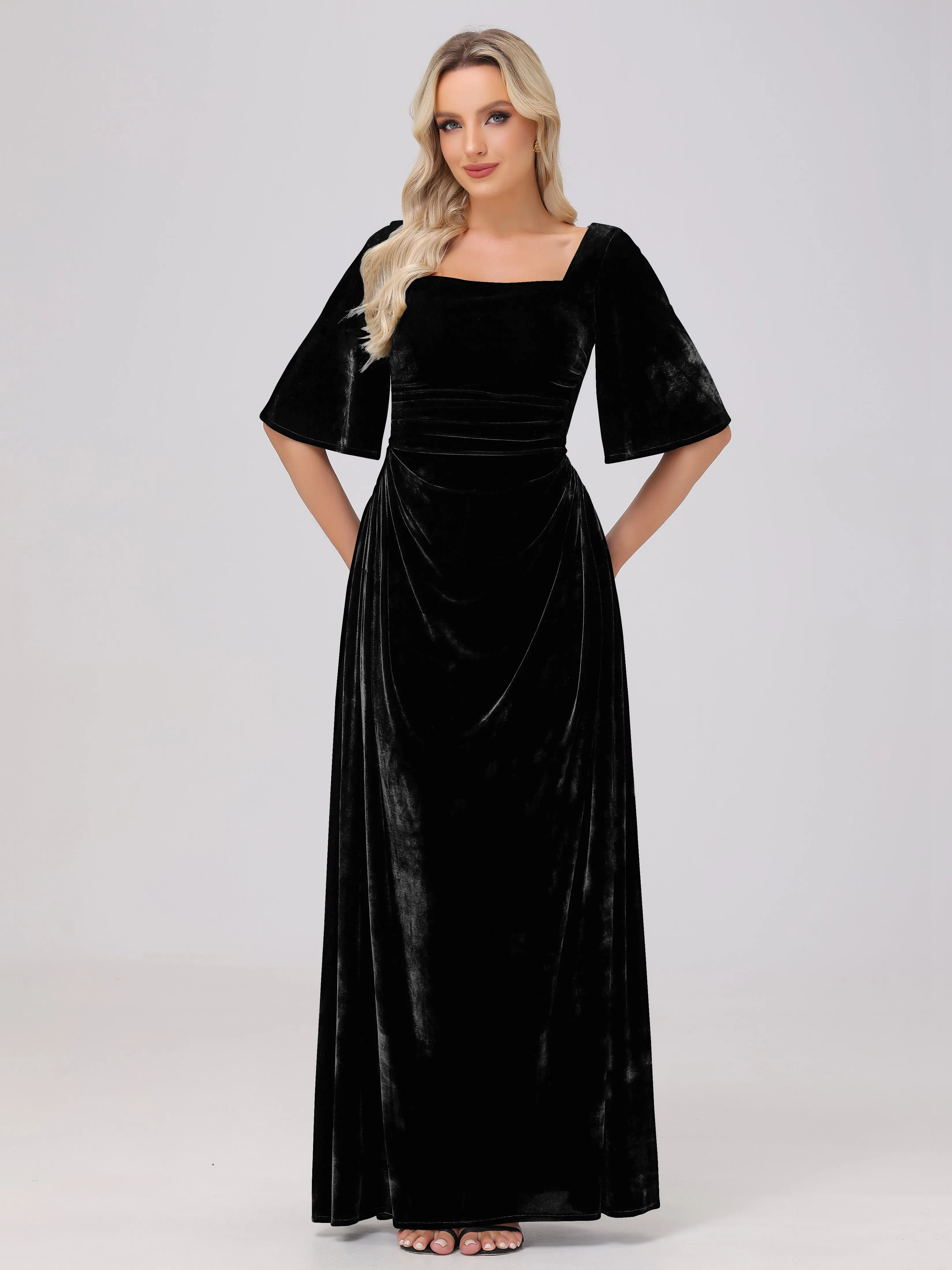 Half Sleeves Square Neck Velvet Bridesmaid Dresses