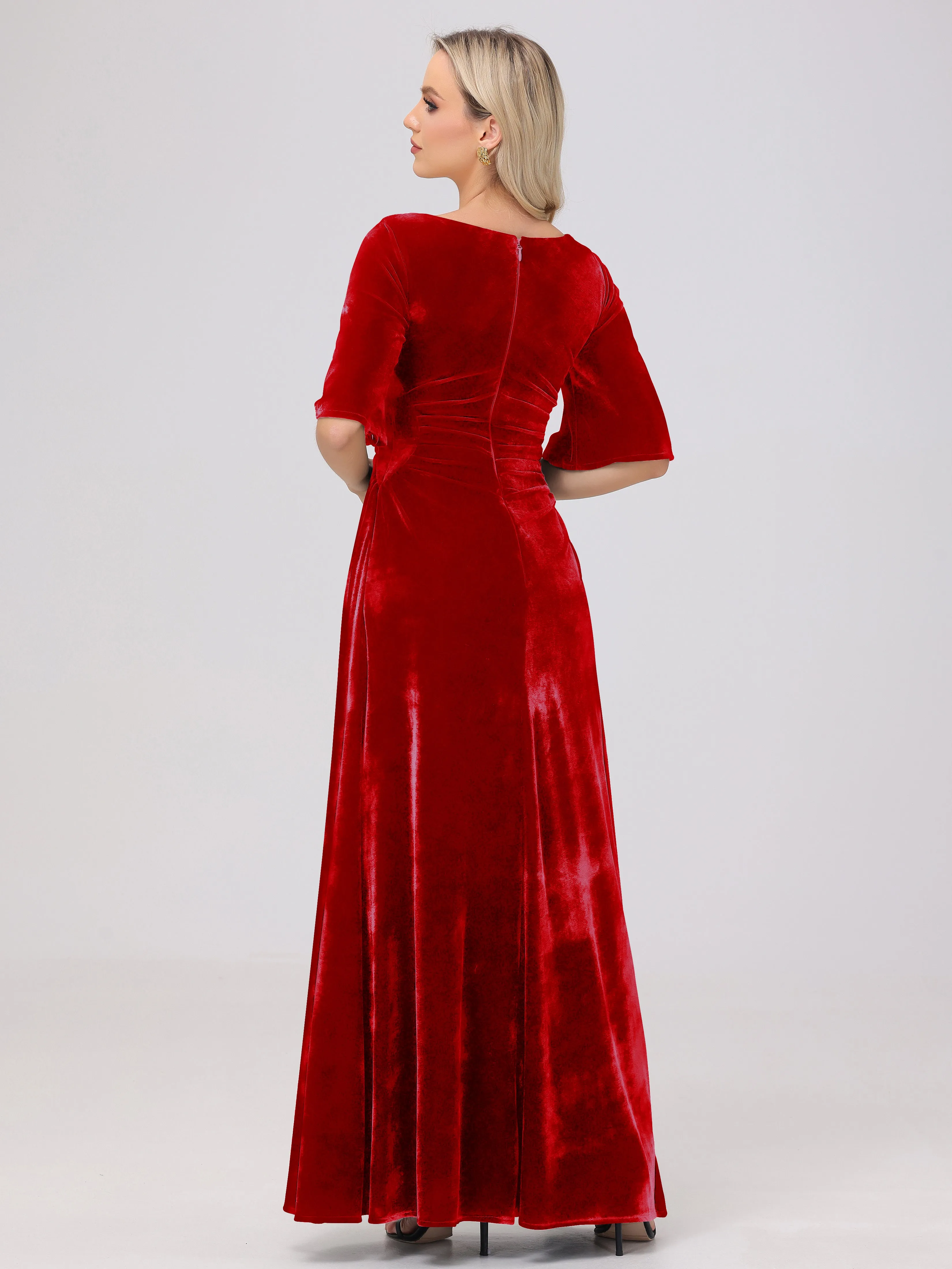 Half Sleeves Square Neck Velvet Bridesmaid Dresses
