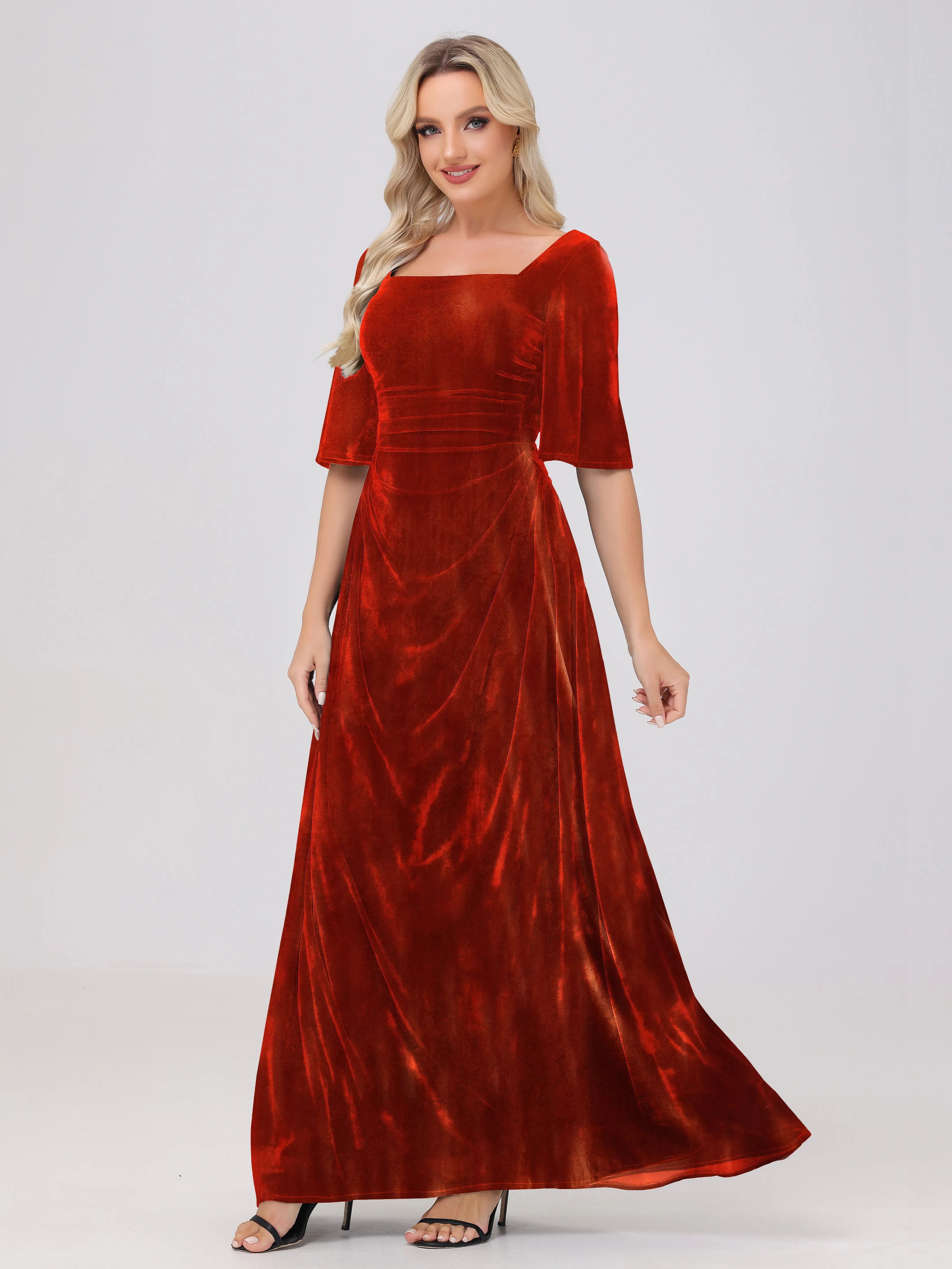 Half Sleeves Square Neck Velvet Bridesmaid Dresses