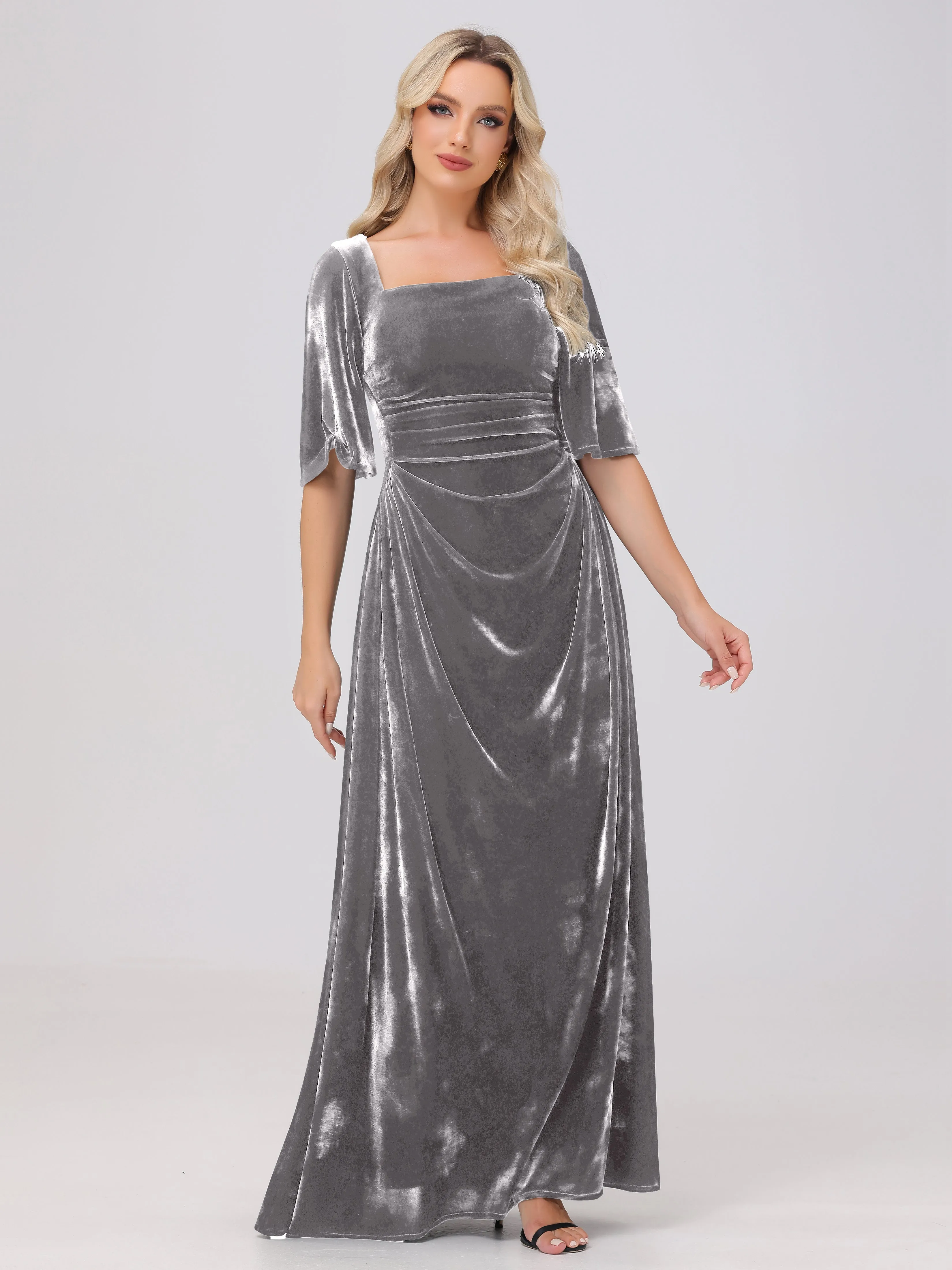 Half Sleeves Square Neck Velvet Bridesmaid Dresses