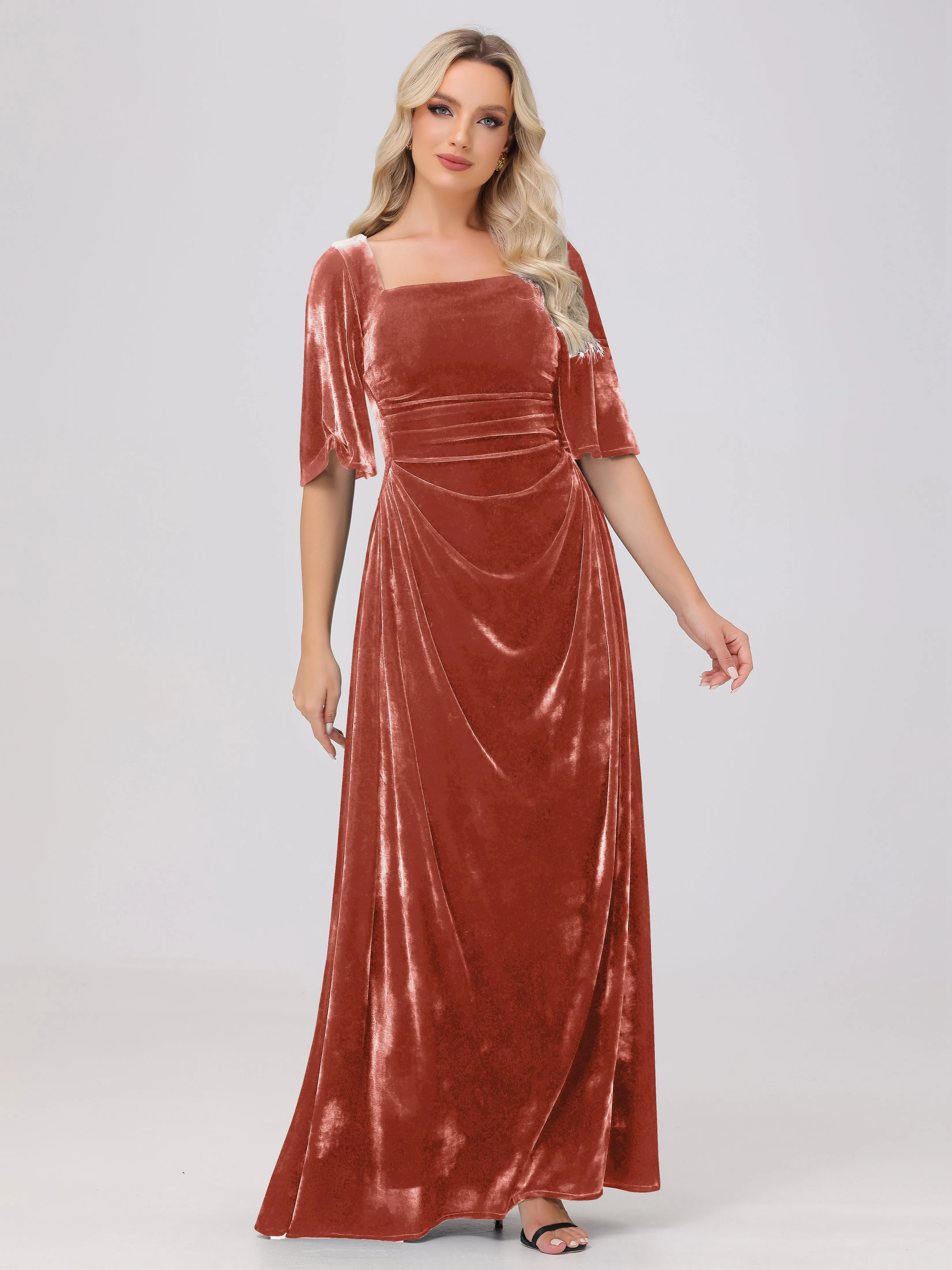 Half Sleeves Square Neck Velvet Bridesmaid Dresses