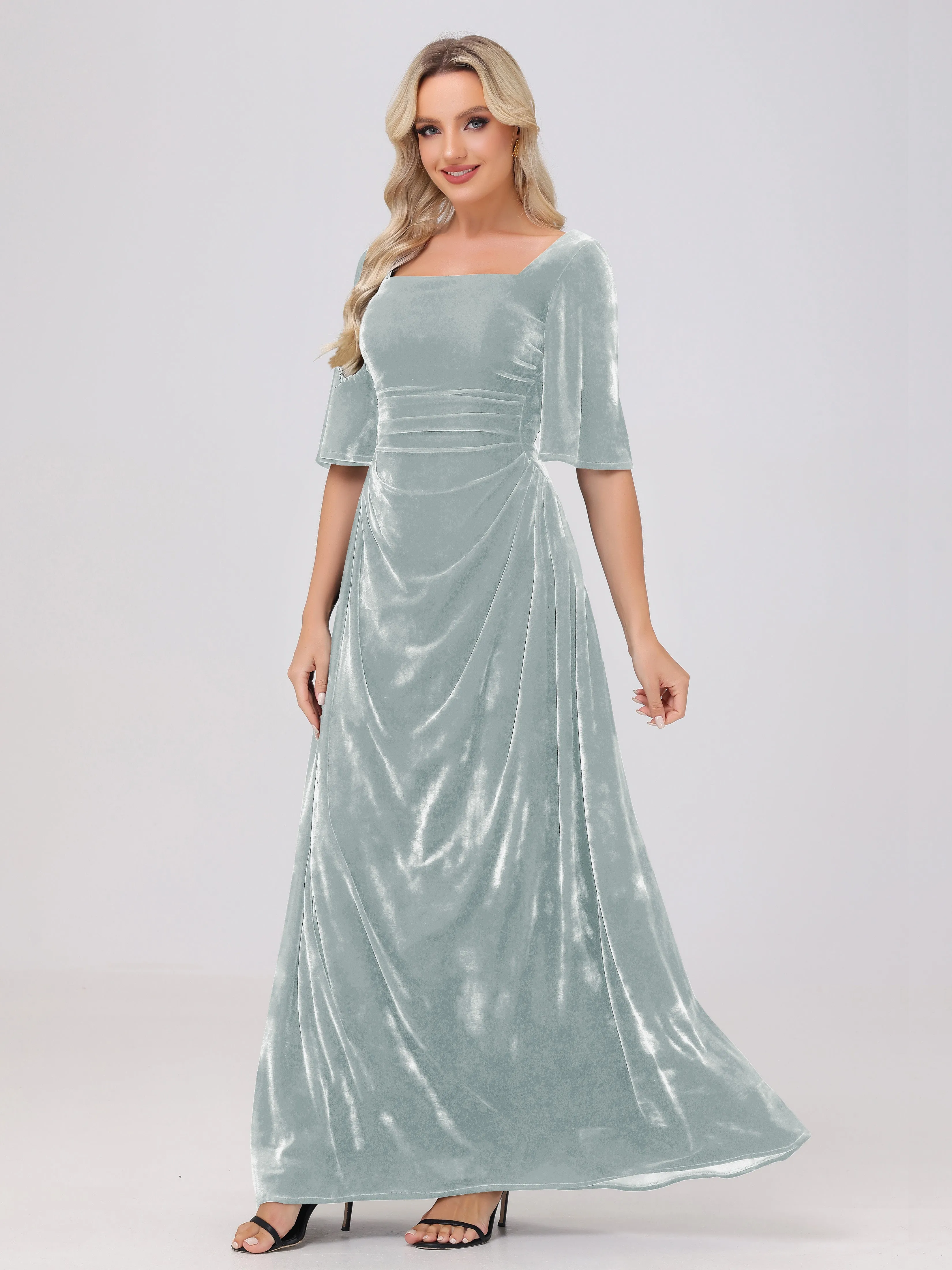 Half Sleeves Square Neck Velvet Bridesmaid Dresses