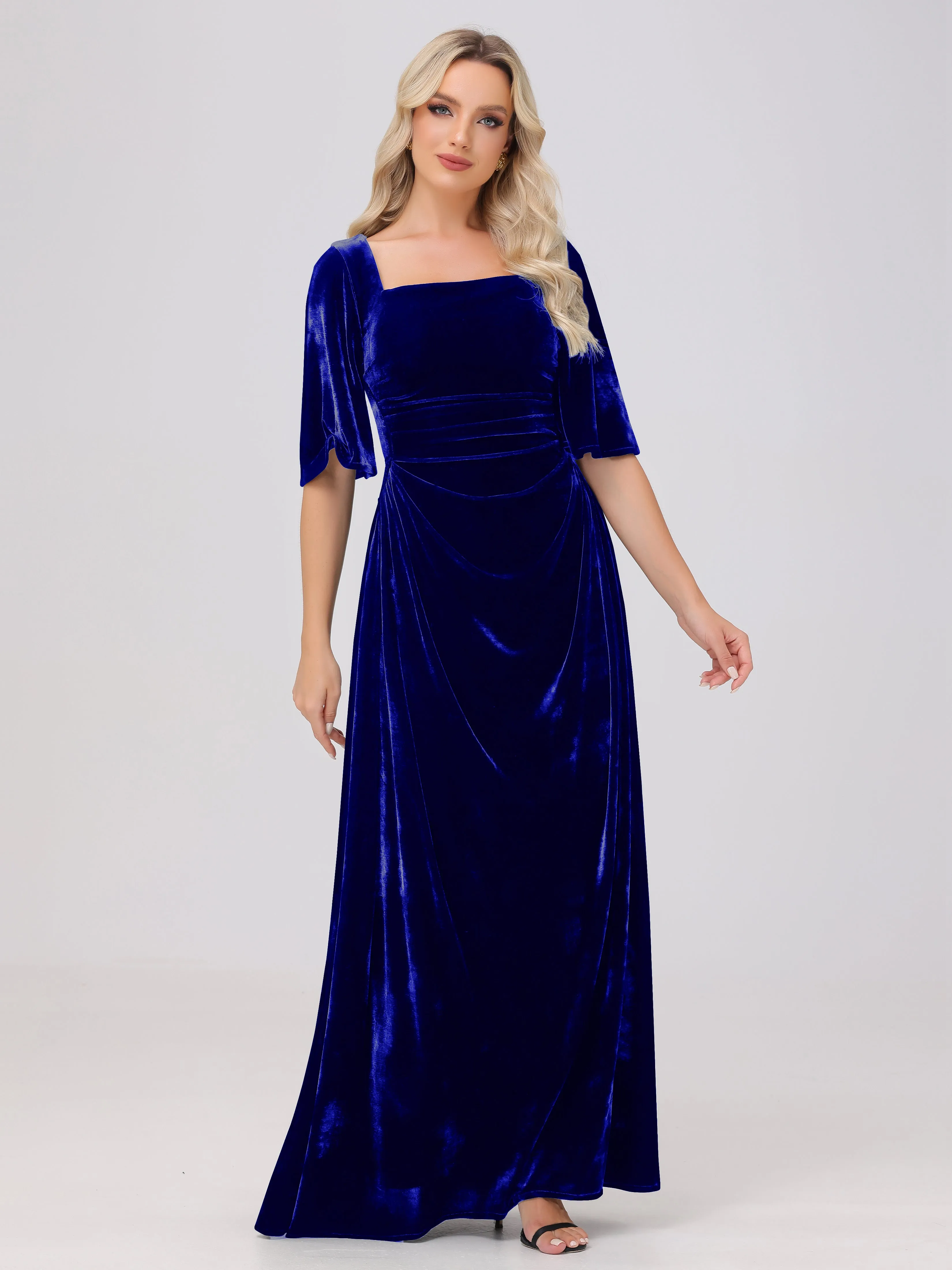 Half Sleeves Square Neck Velvet Bridesmaid Dresses