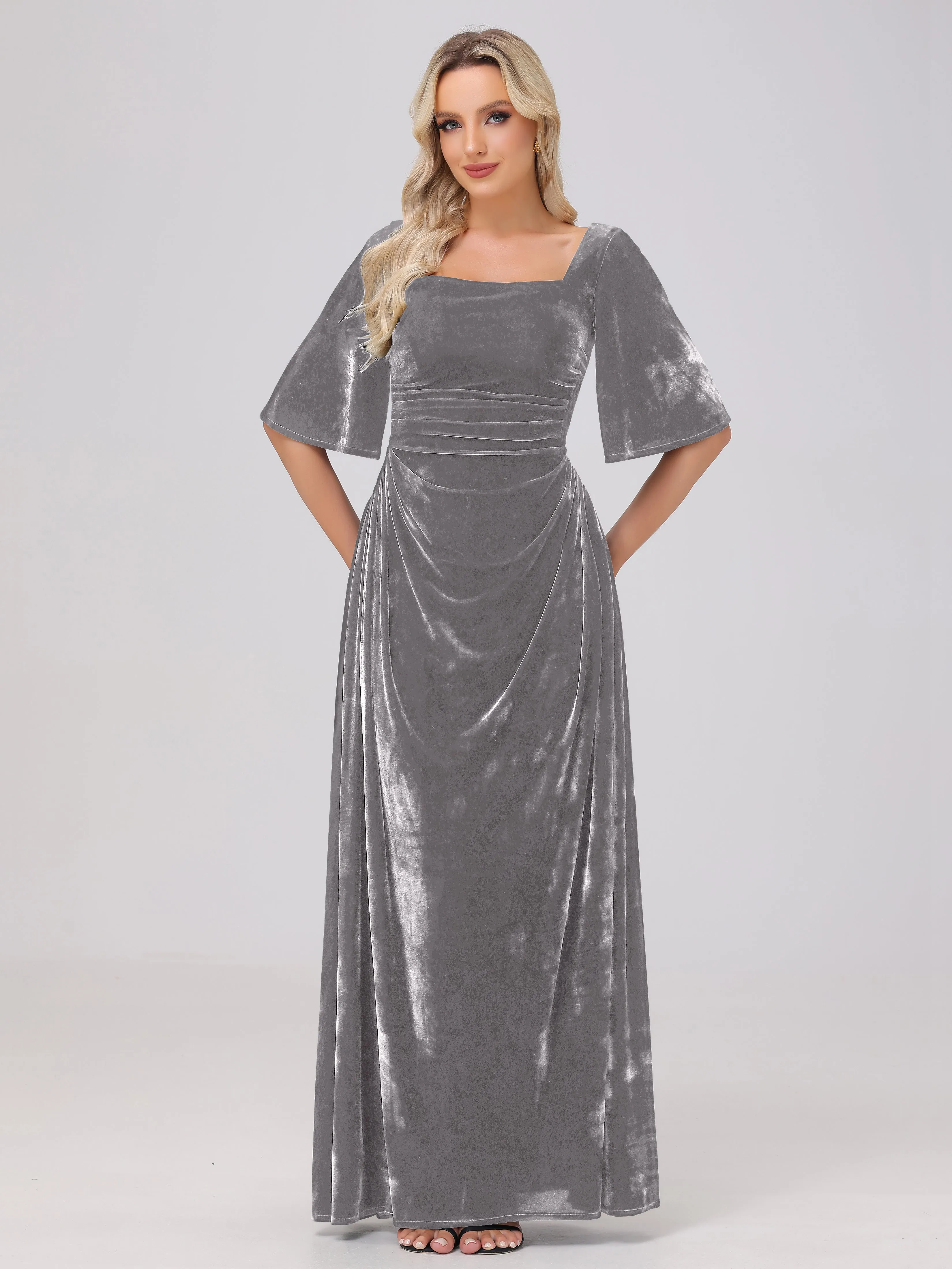 Half Sleeves Square Neck Velvet Bridesmaid Dresses