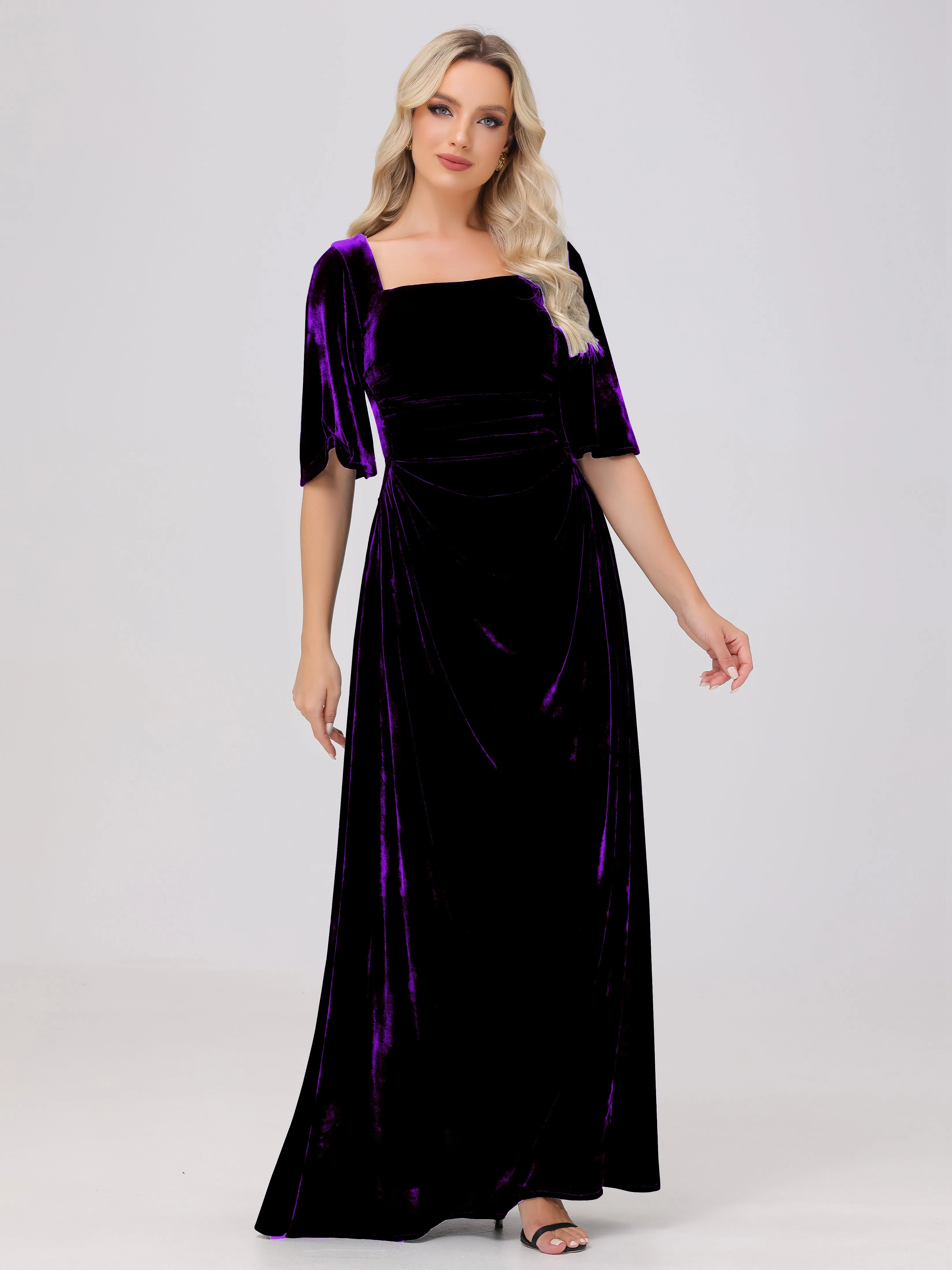 Half Sleeves Square Neck Velvet Bridesmaid Dresses