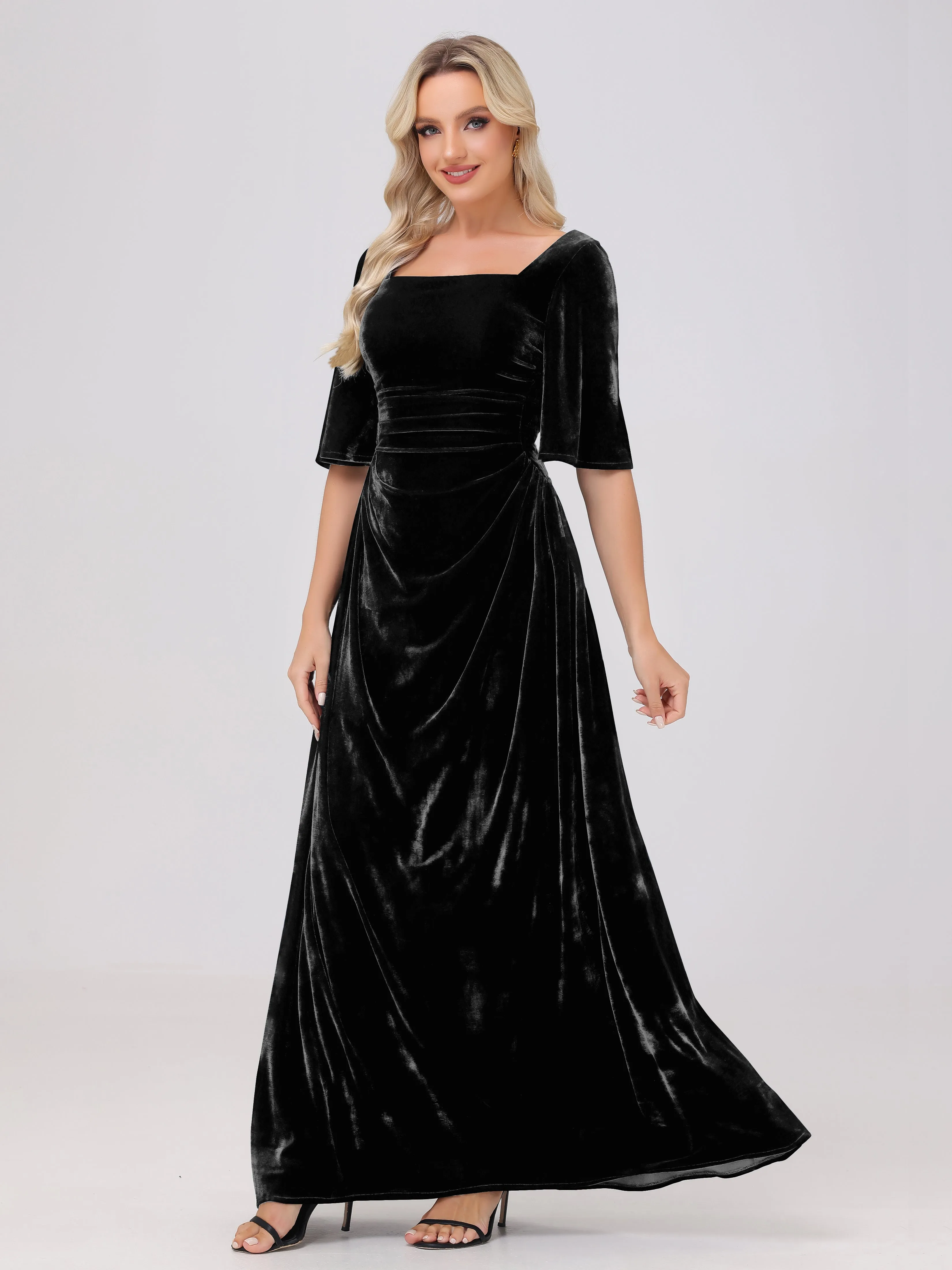 Half Sleeves Square Neck Velvet Bridesmaid Dresses