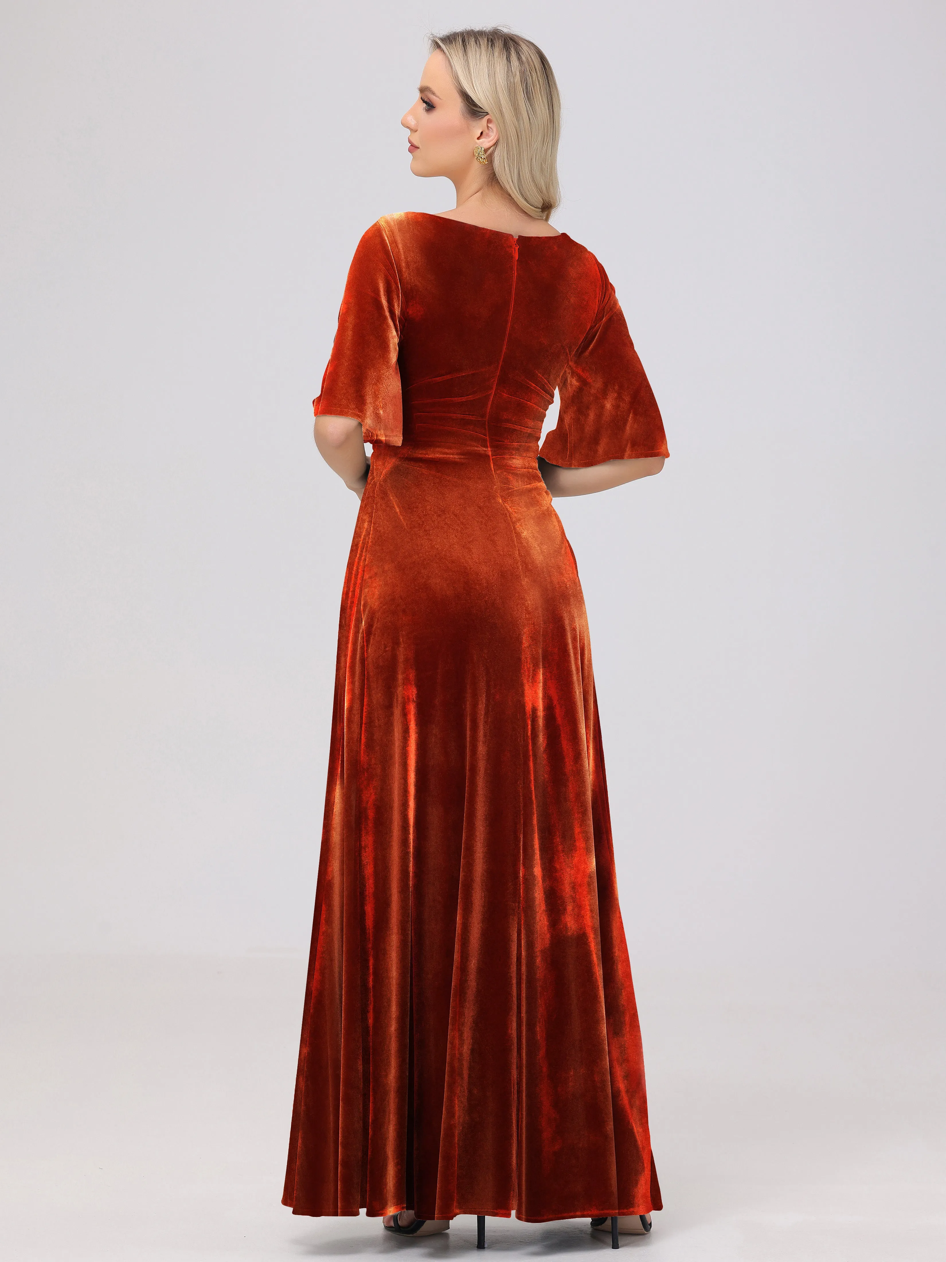 Half Sleeves Square Neck Velvet Bridesmaid Dresses