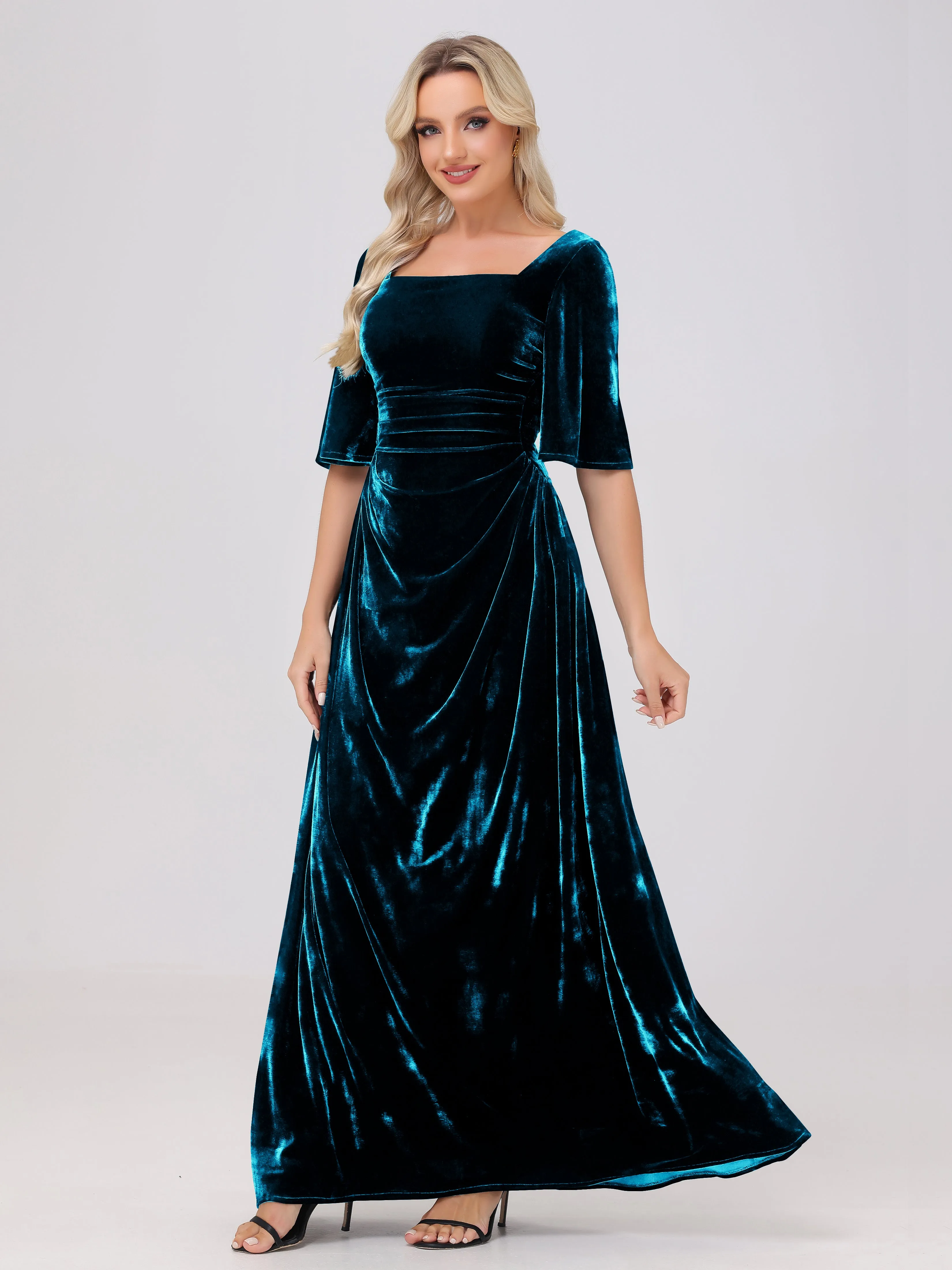 Half Sleeves Square Neck Velvet Bridesmaid Dresses