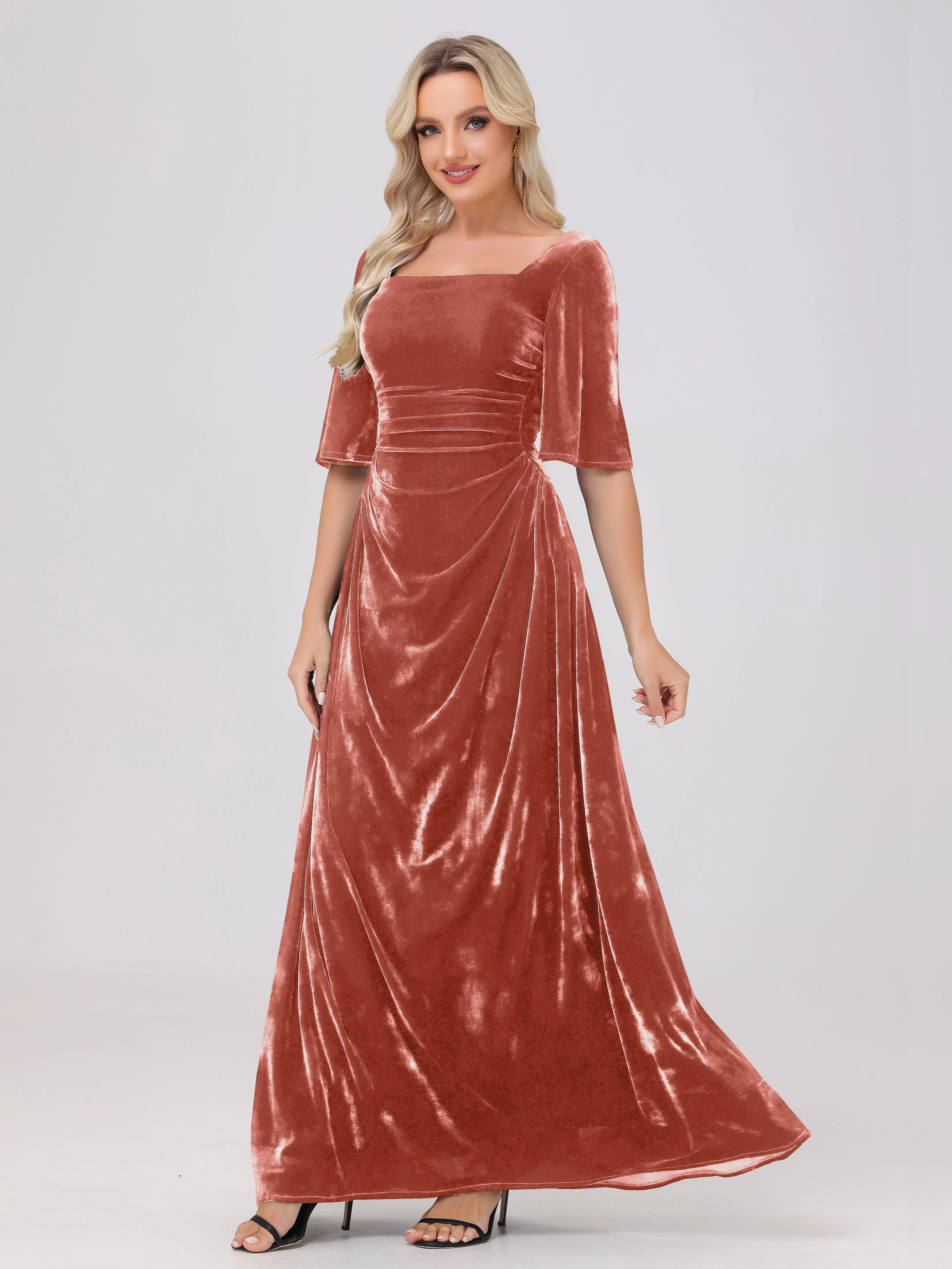 Half Sleeves Square Neck Velvet Bridesmaid Dresses