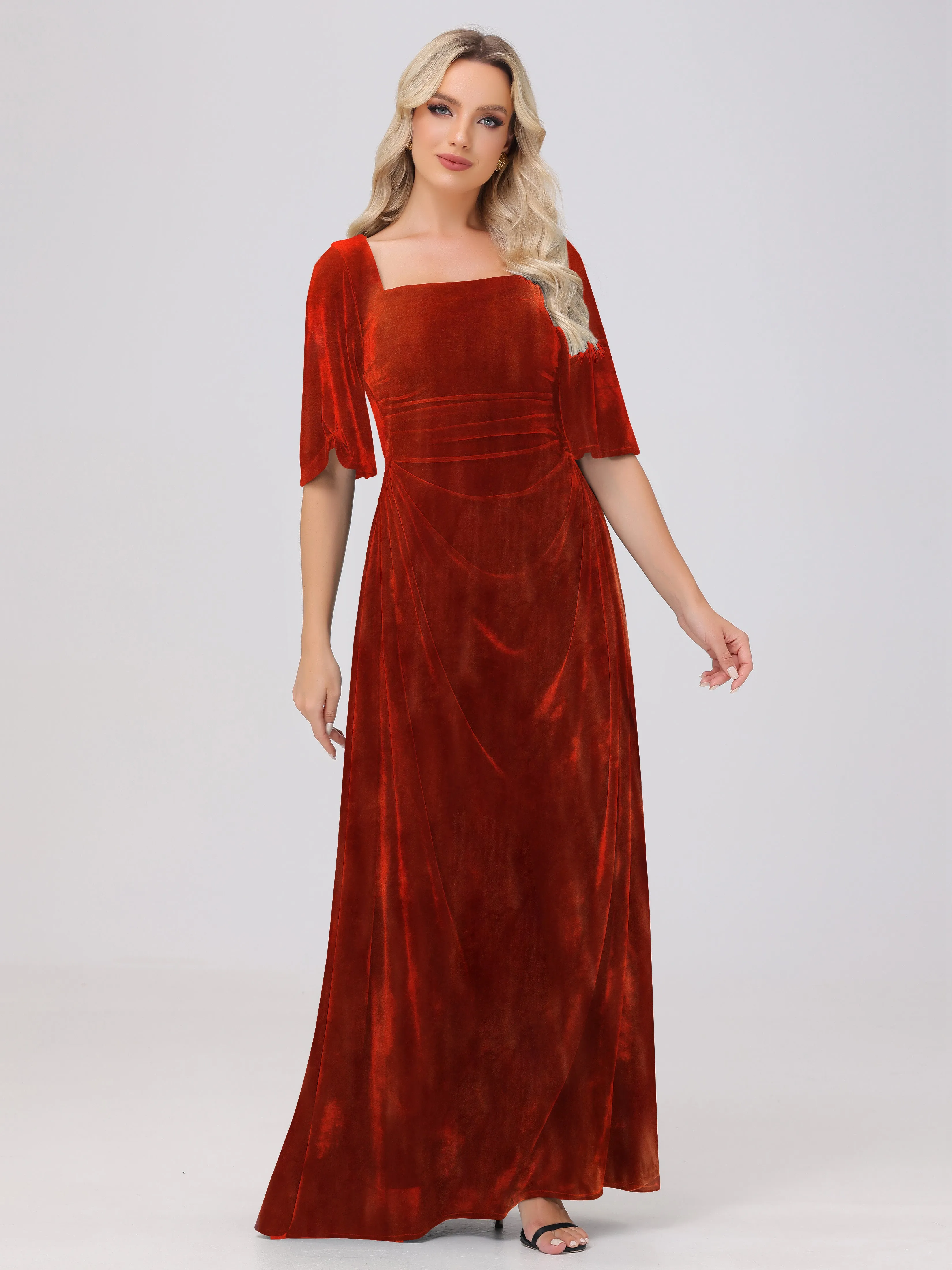 Half Sleeves Square Neck Velvet Bridesmaid Dresses