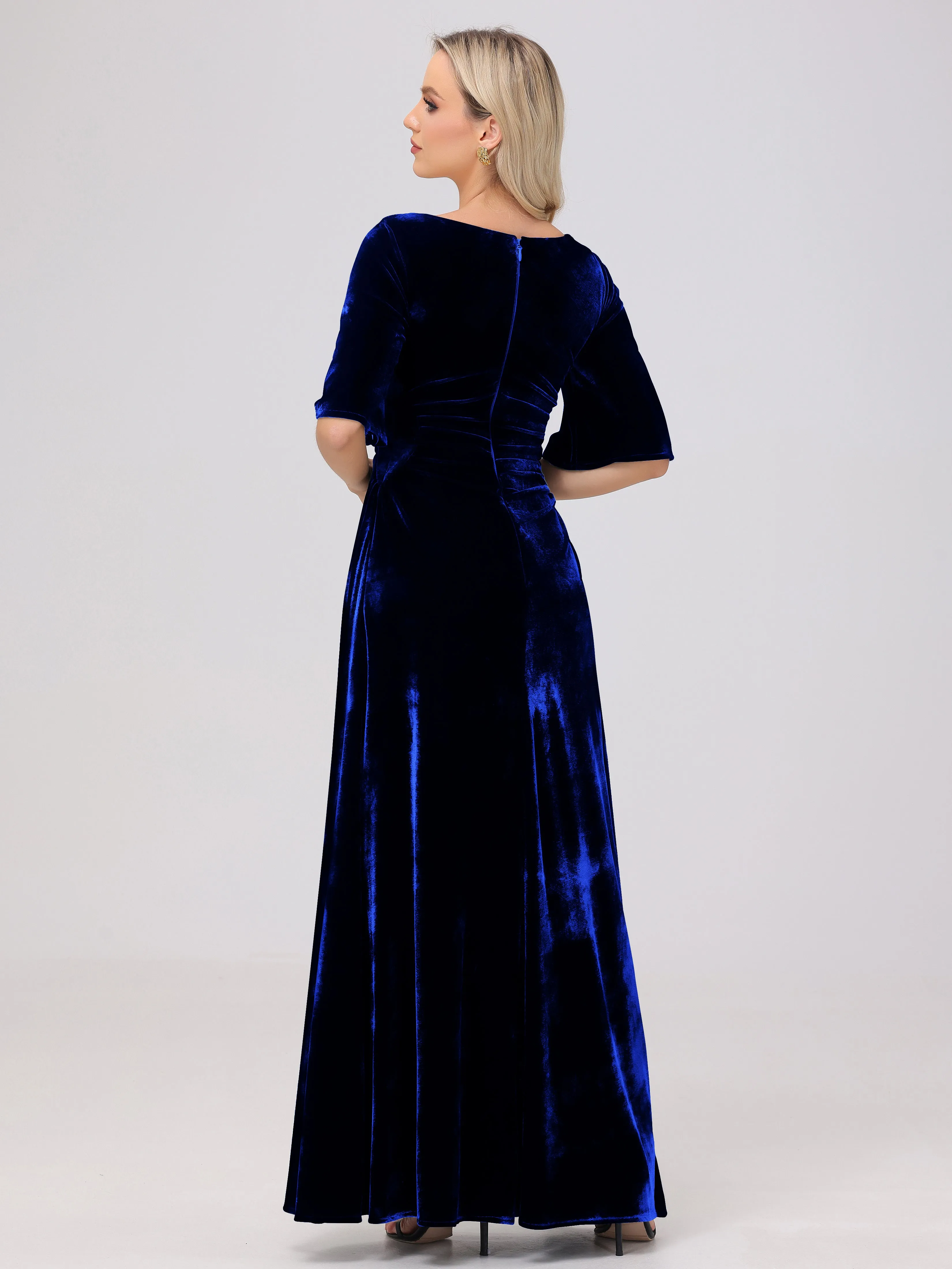 Half Sleeves Square Neck Velvet Bridesmaid Dresses