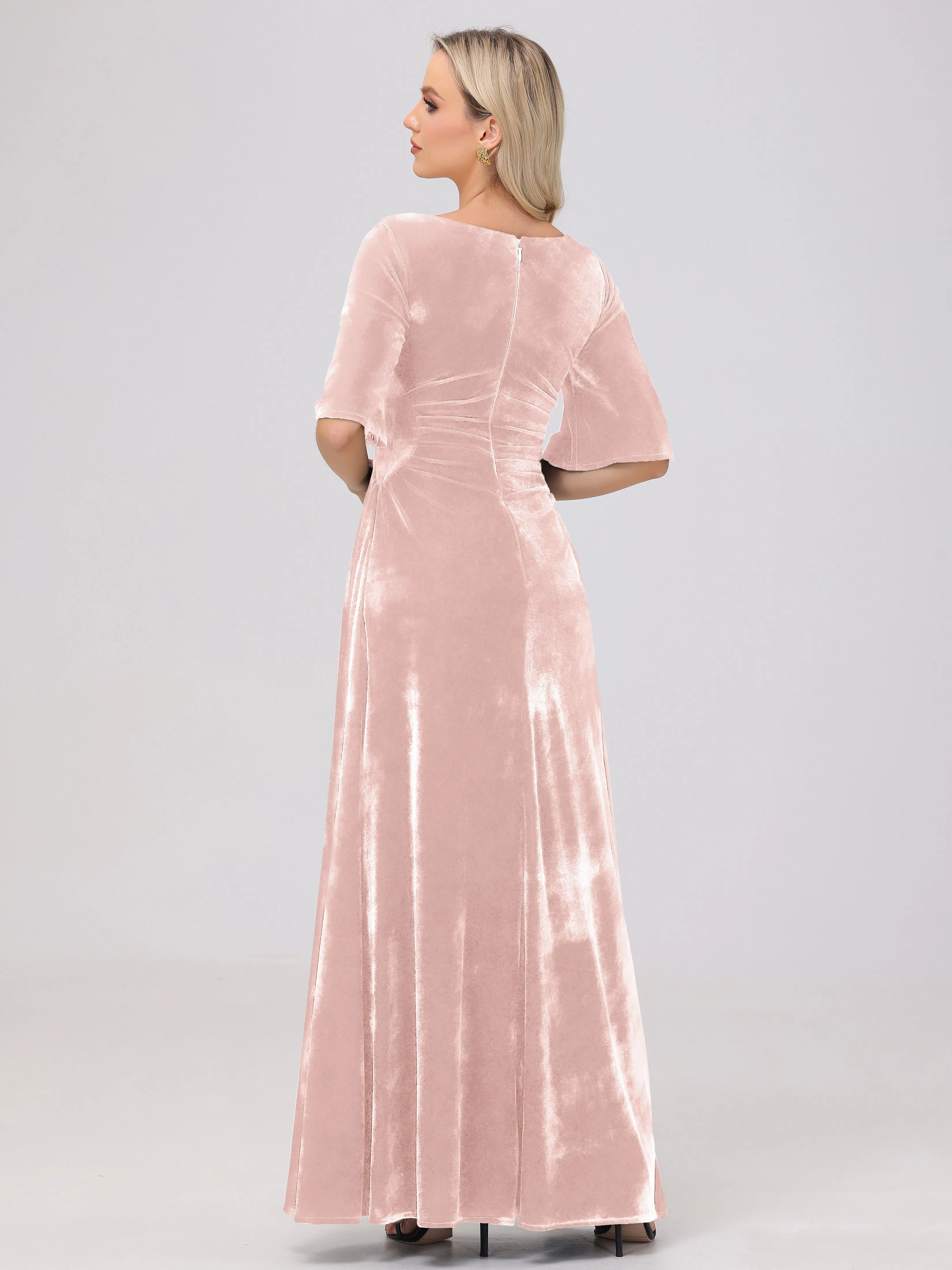 Half Sleeves Square Neck Velvet Bridesmaid Dresses