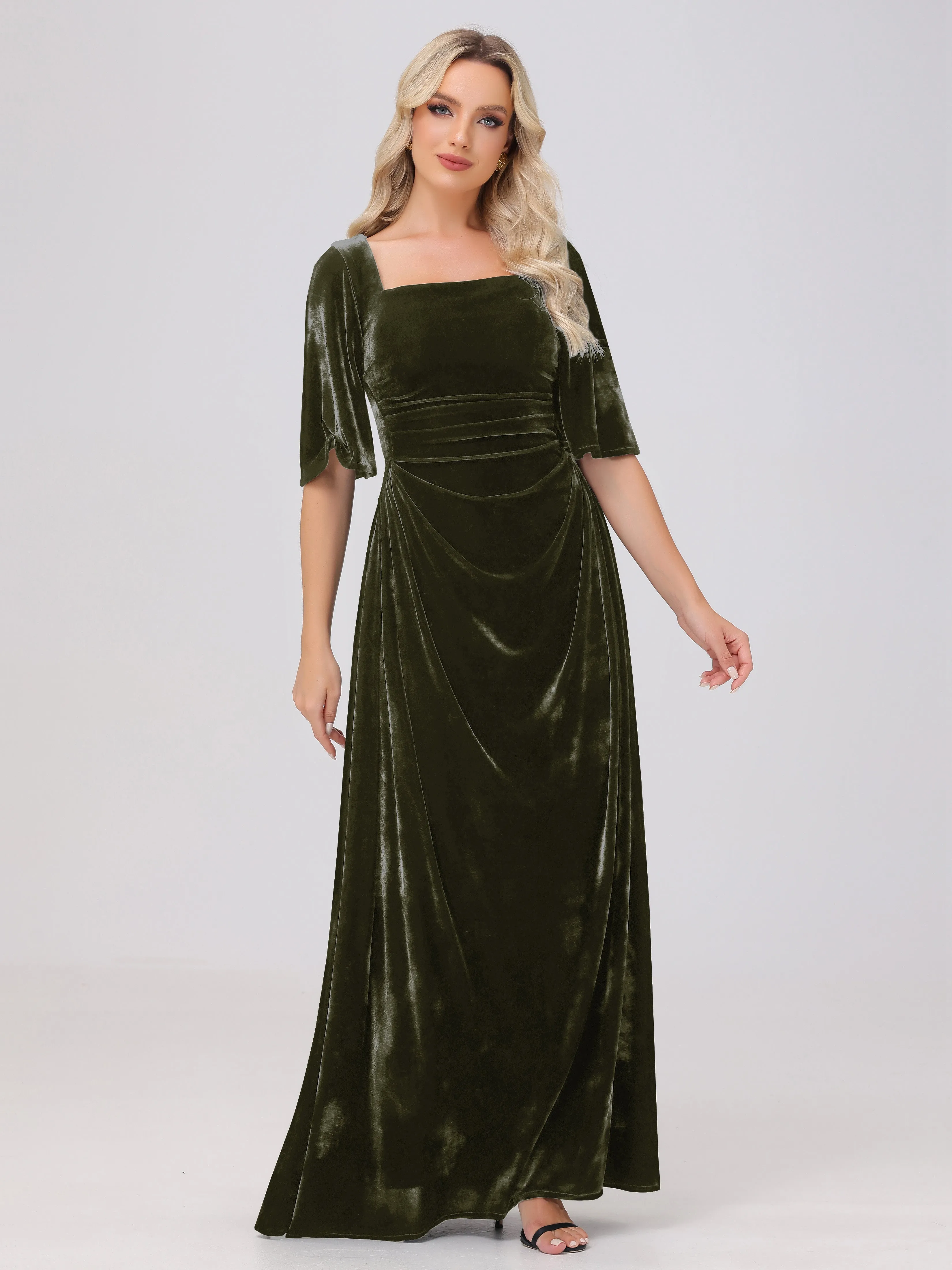 Half Sleeves Square Neck Velvet Bridesmaid Dresses