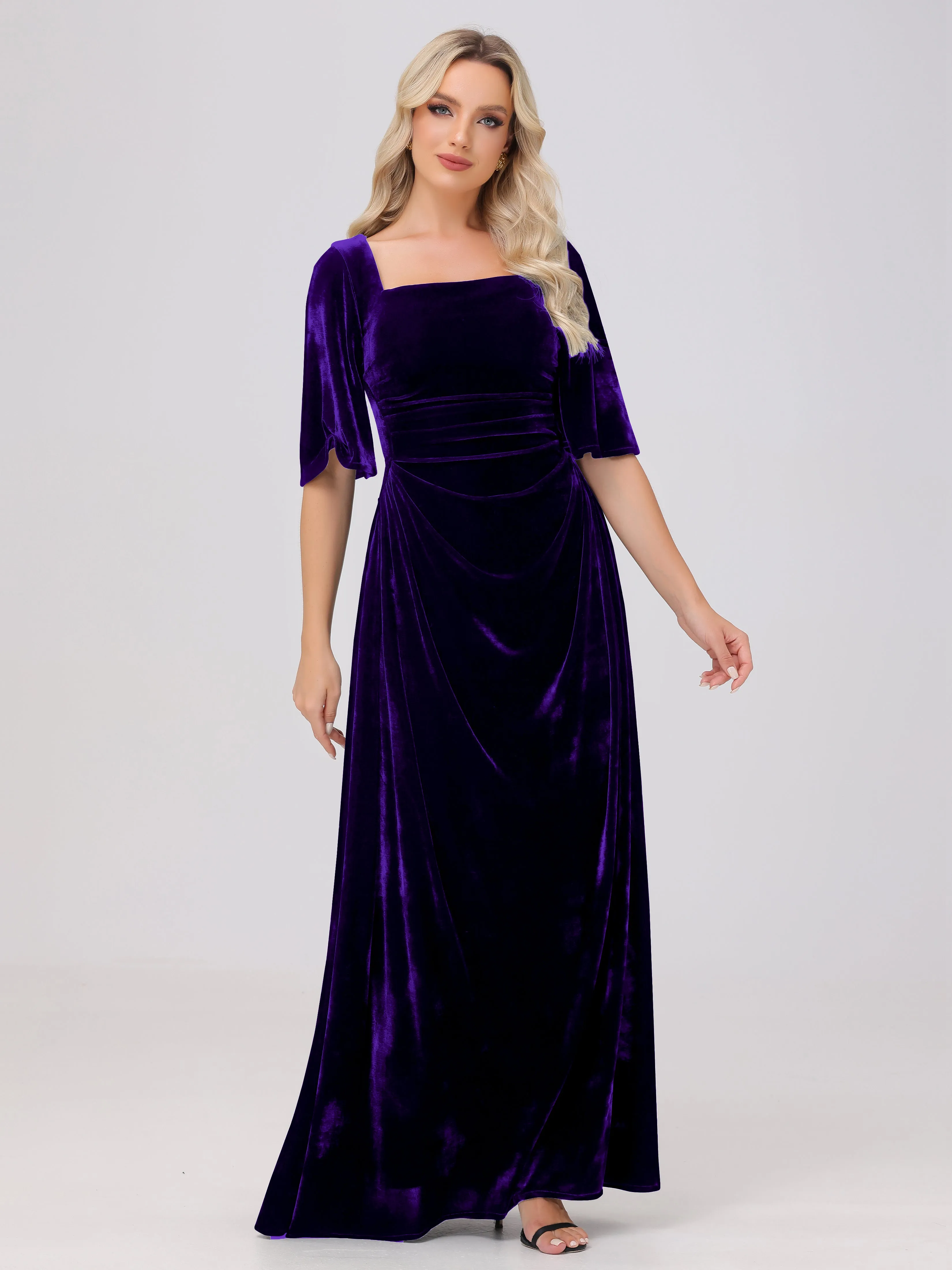 Half Sleeves Square Neck Velvet Bridesmaid Dresses