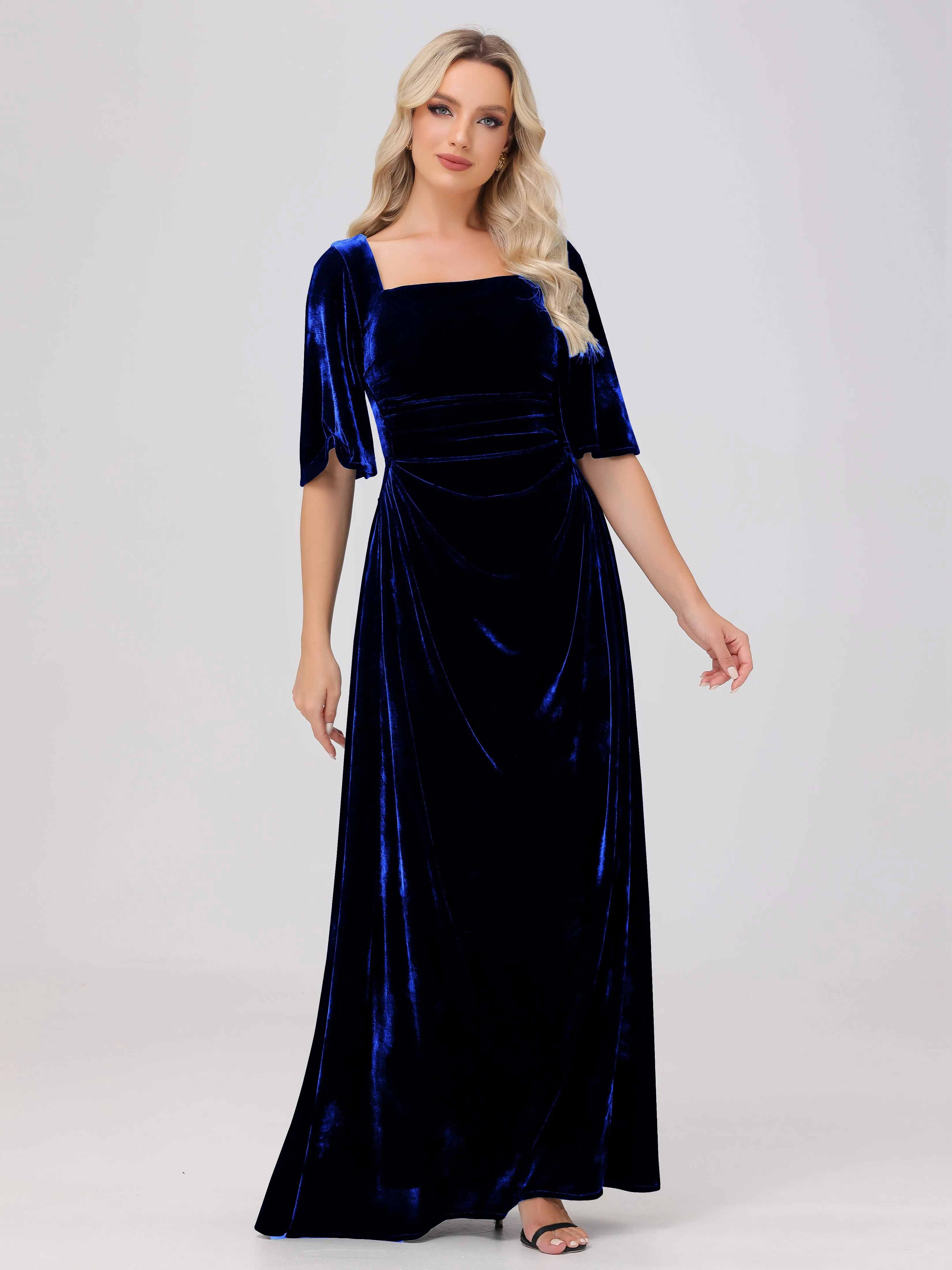 Half Sleeves Square Neck Velvet Bridesmaid Dresses
