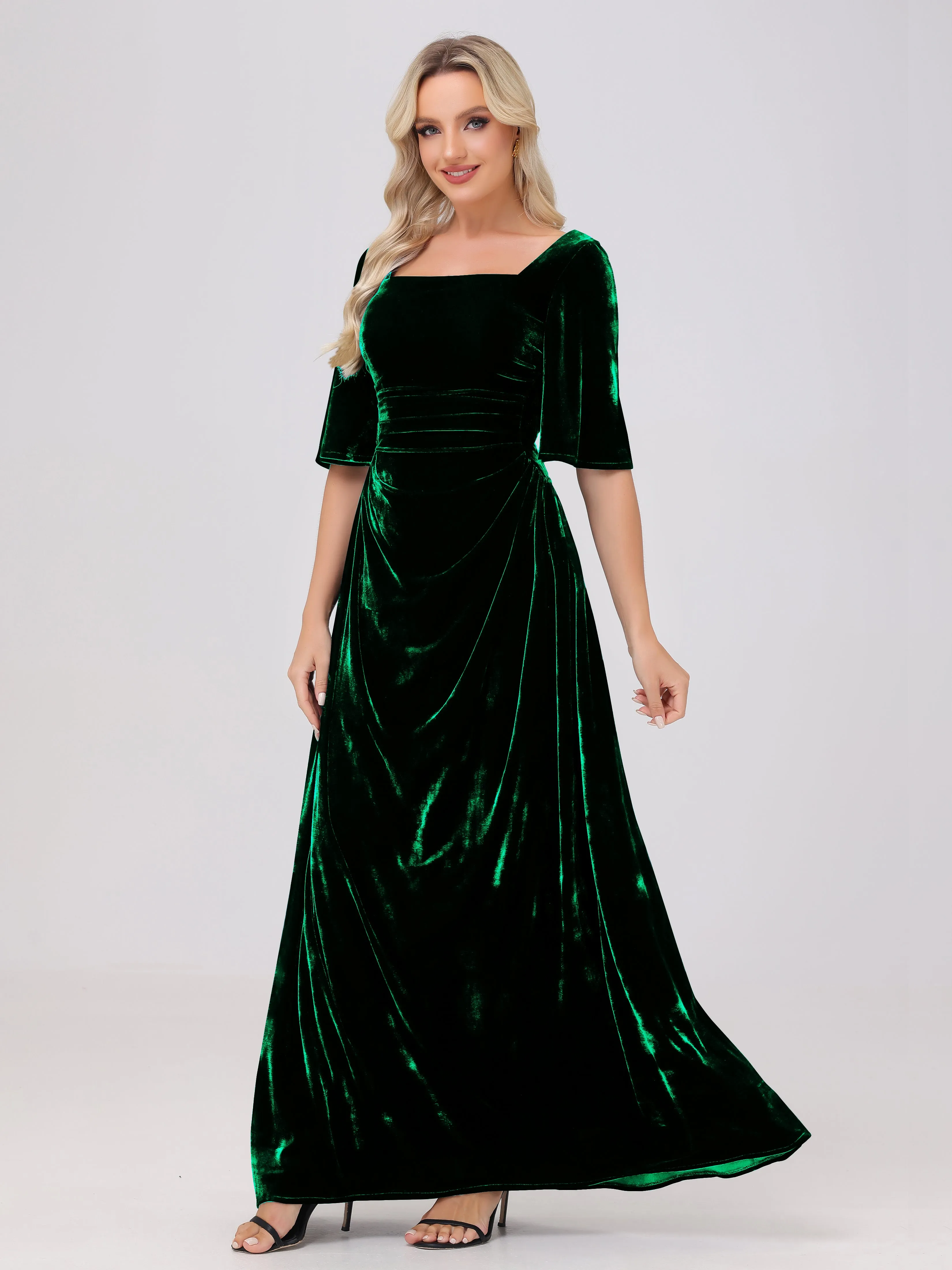 Half Sleeves Square Neck Velvet Bridesmaid Dresses