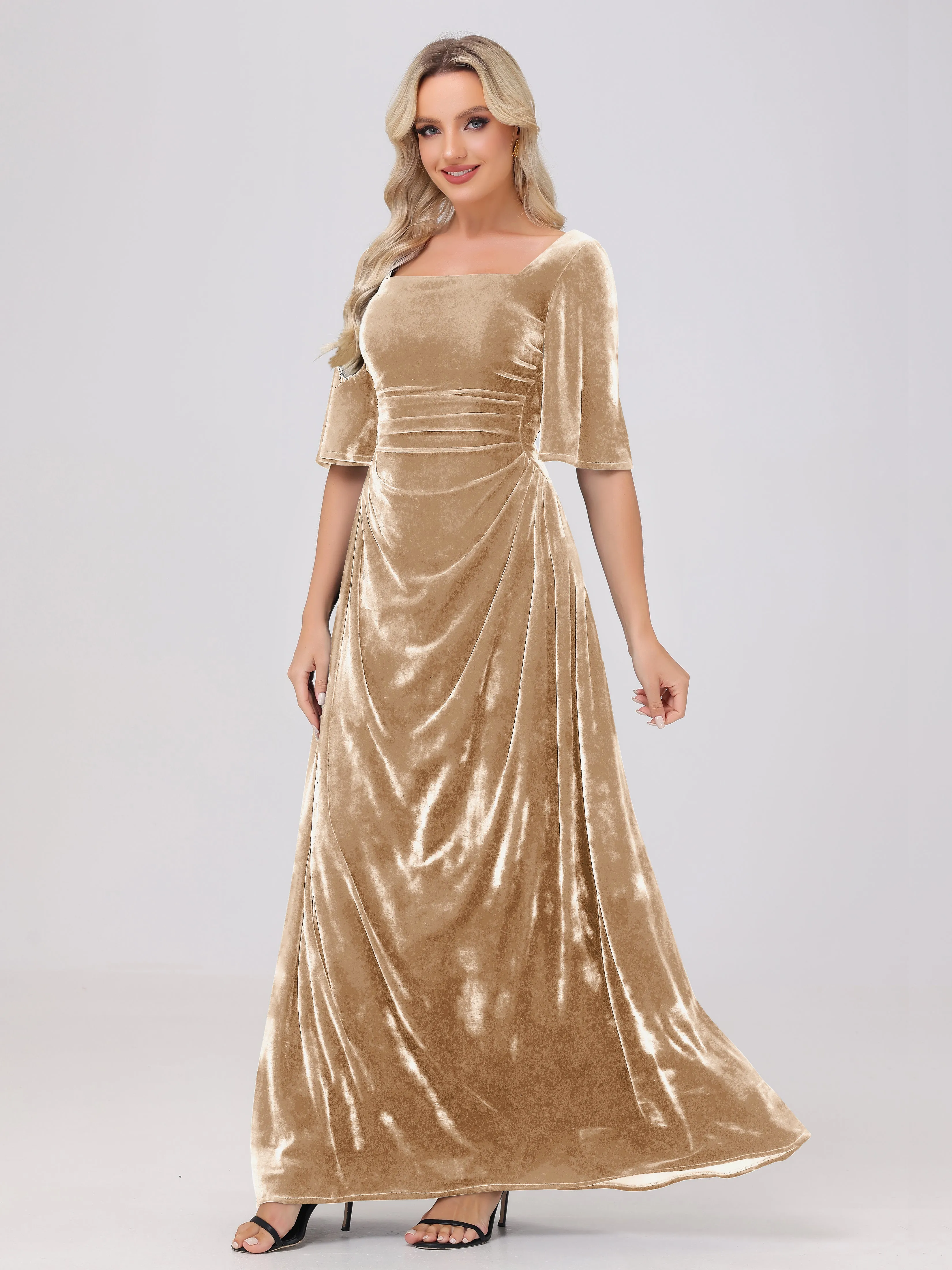 Half Sleeves Square Neck Velvet Bridesmaid Dresses