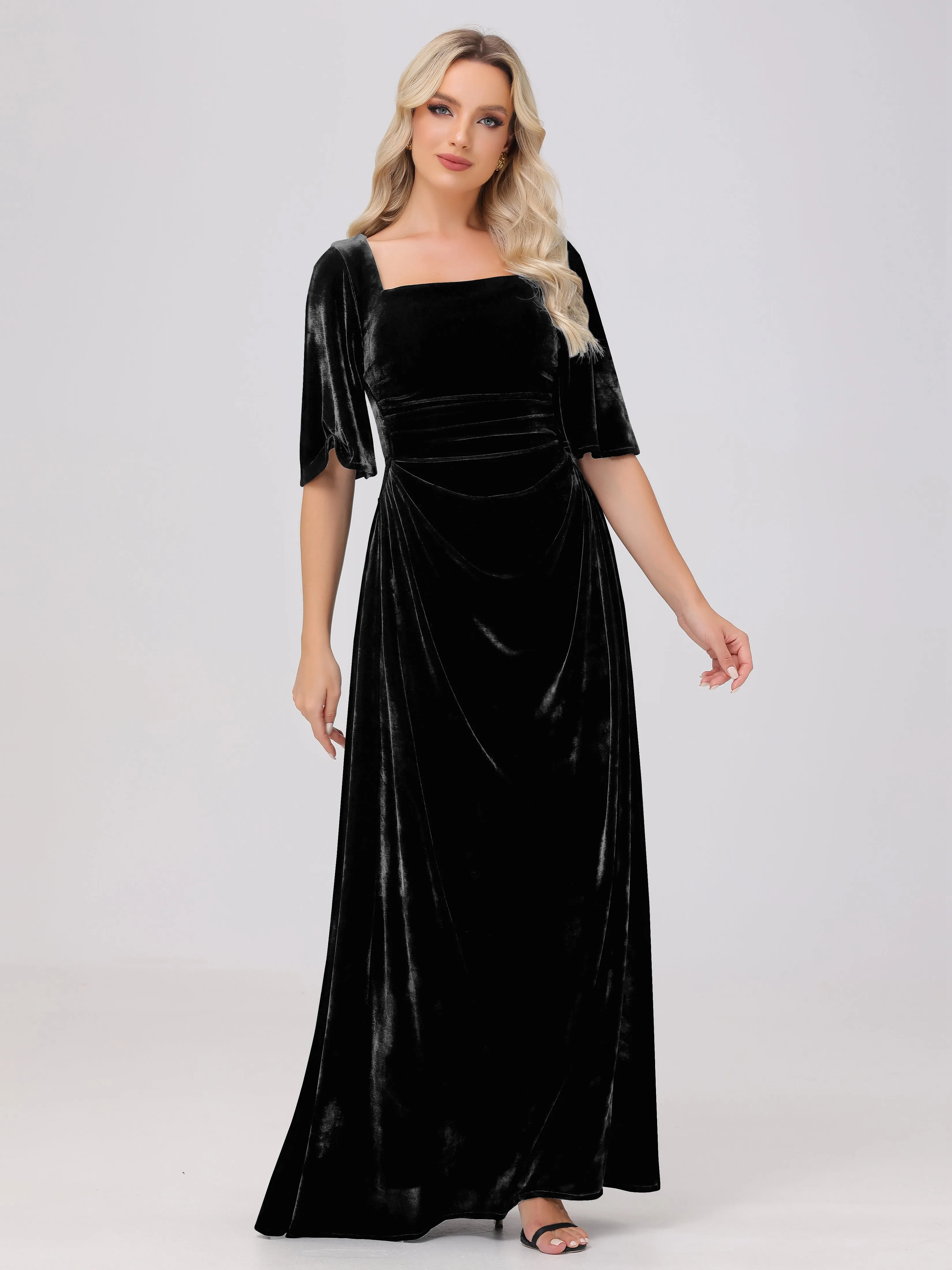 Half Sleeves Square Neck Velvet Bridesmaid Dresses