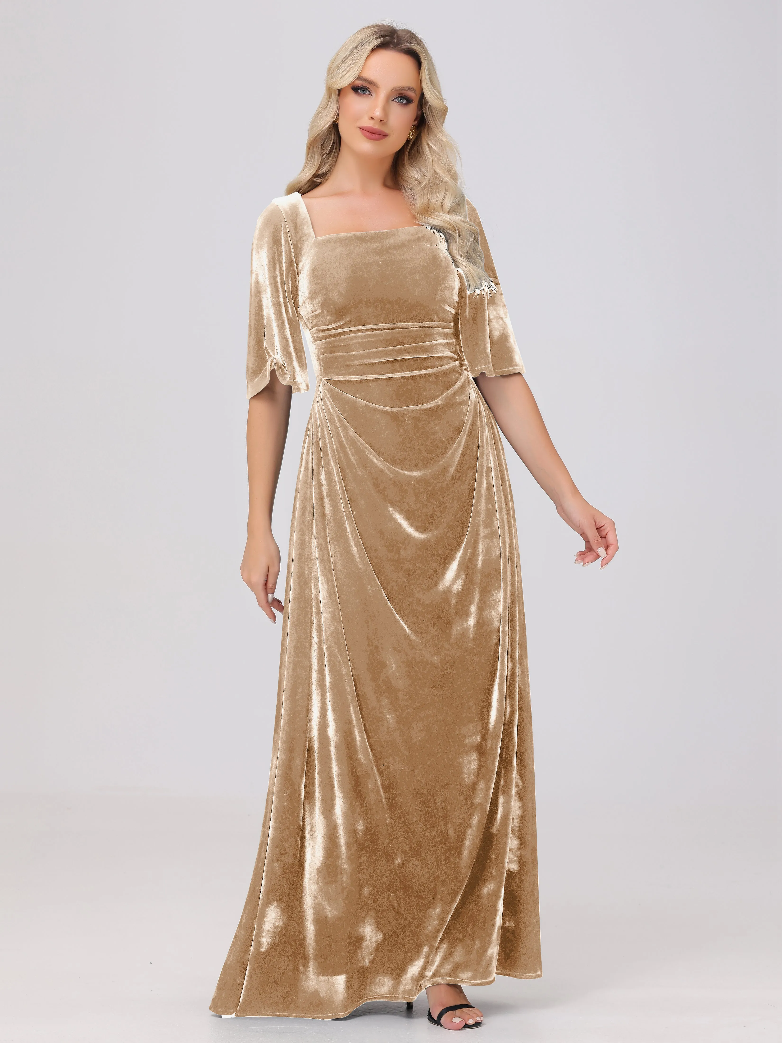 Half Sleeves Square Neck Velvet Bridesmaid Dresses