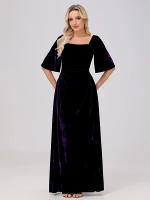 Half Sleeves Square Neck Velvet Bridesmaid Dresses