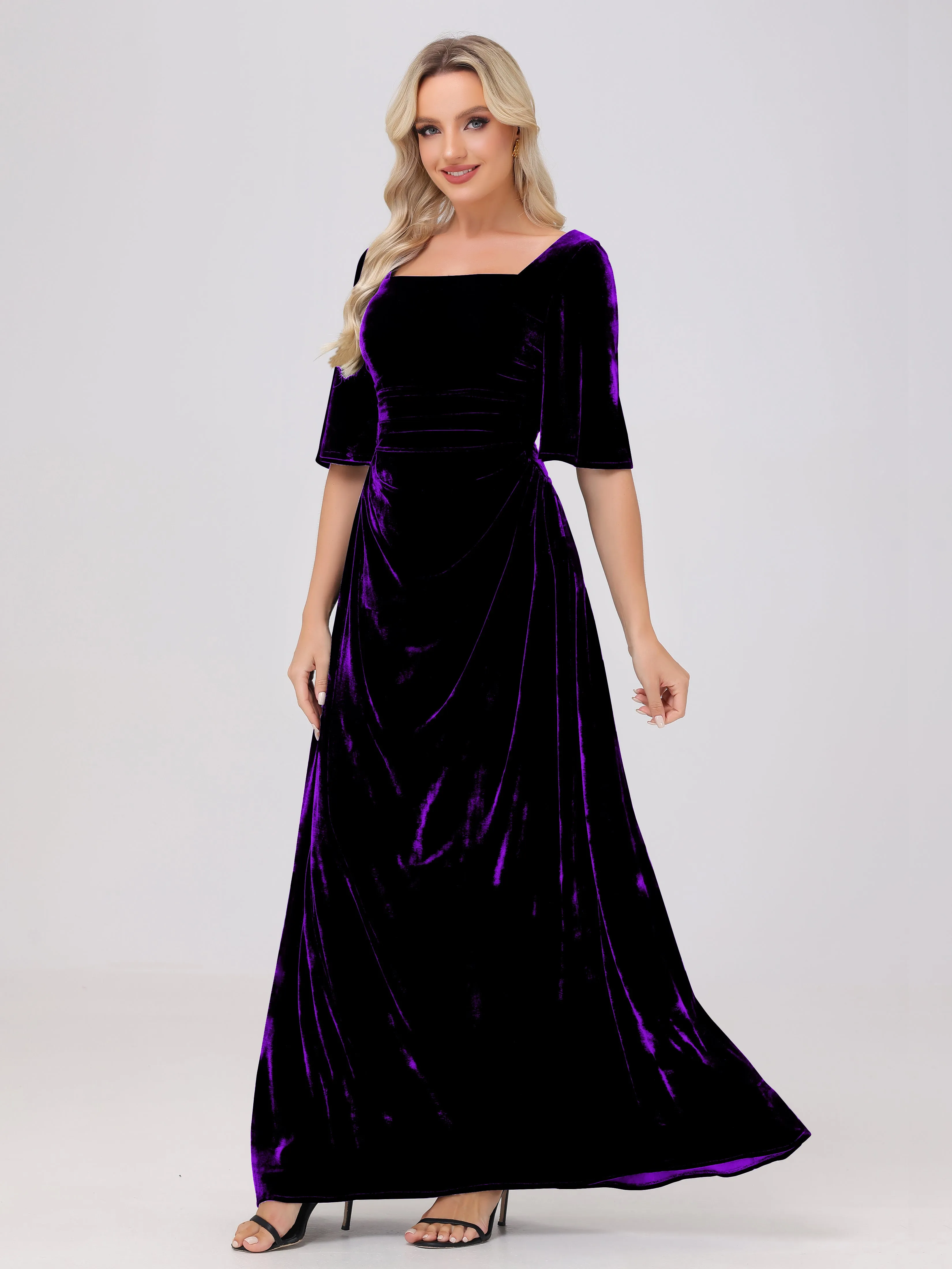 Half Sleeves Square Neck Velvet Bridesmaid Dresses