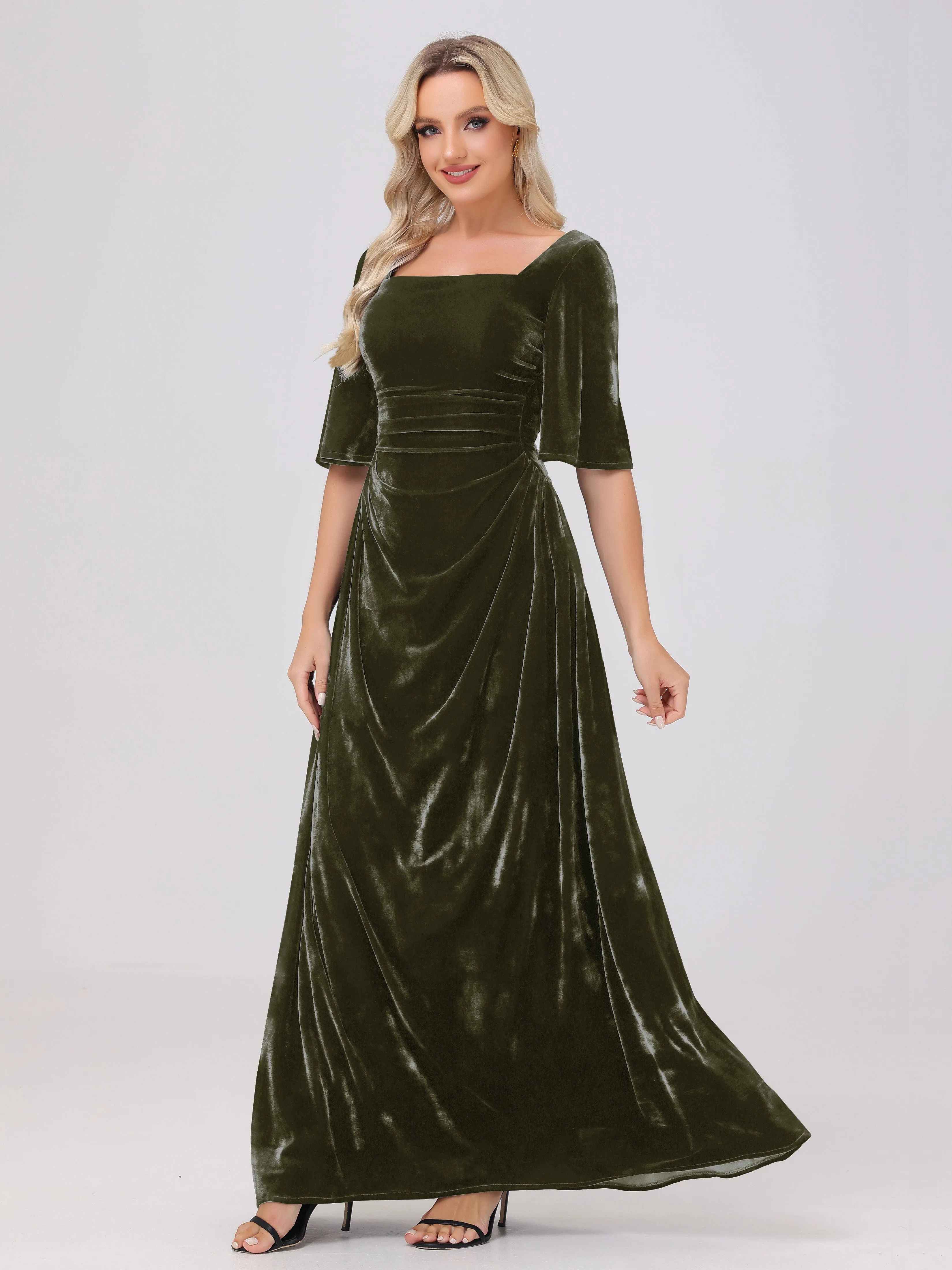 Half Sleeves Square Neck Velvet Bridesmaid Dresses