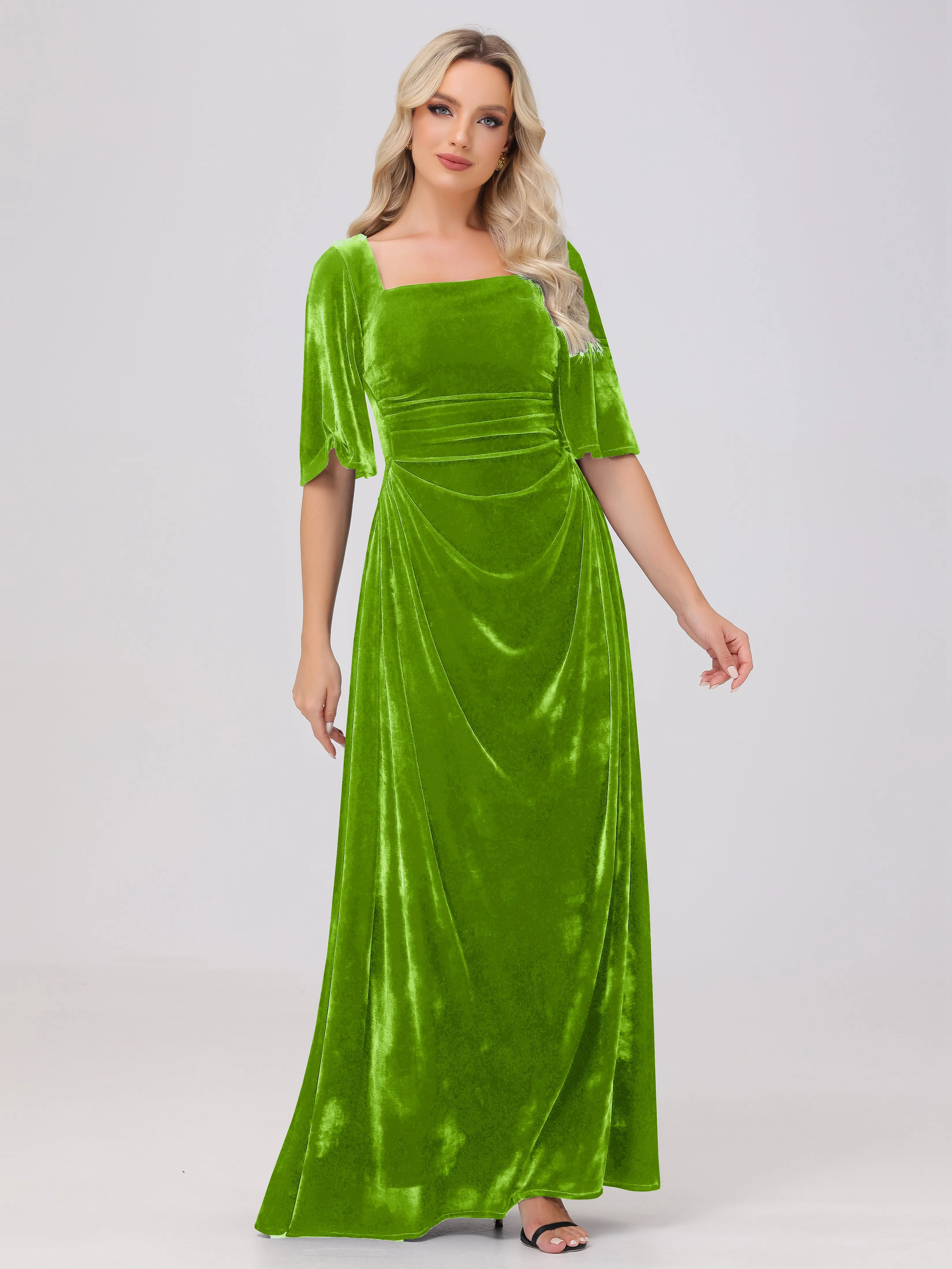 Half Sleeves Square Neck Velvet Bridesmaid Dresses