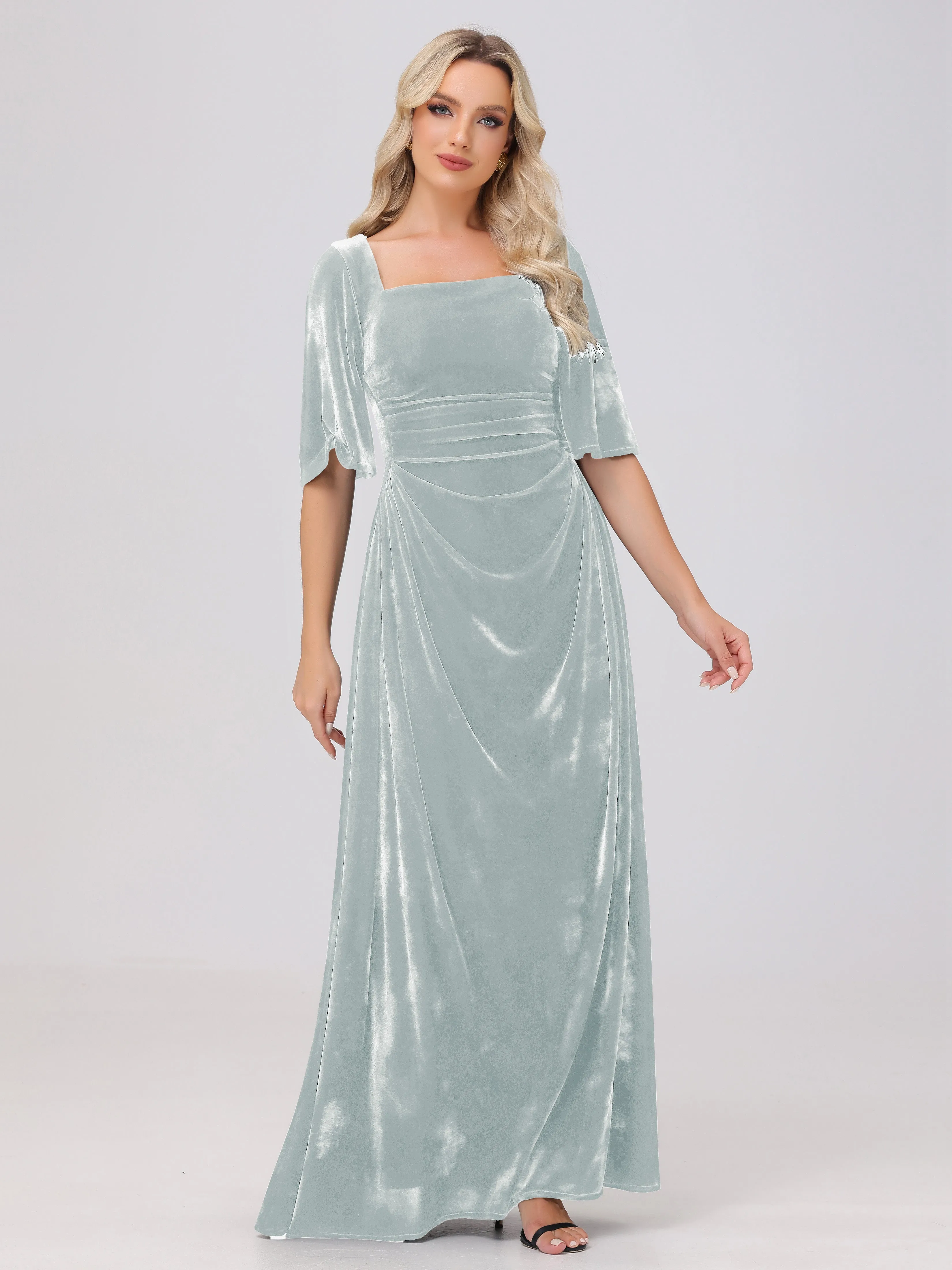 Half Sleeves Square Neck Velvet Bridesmaid Dresses
