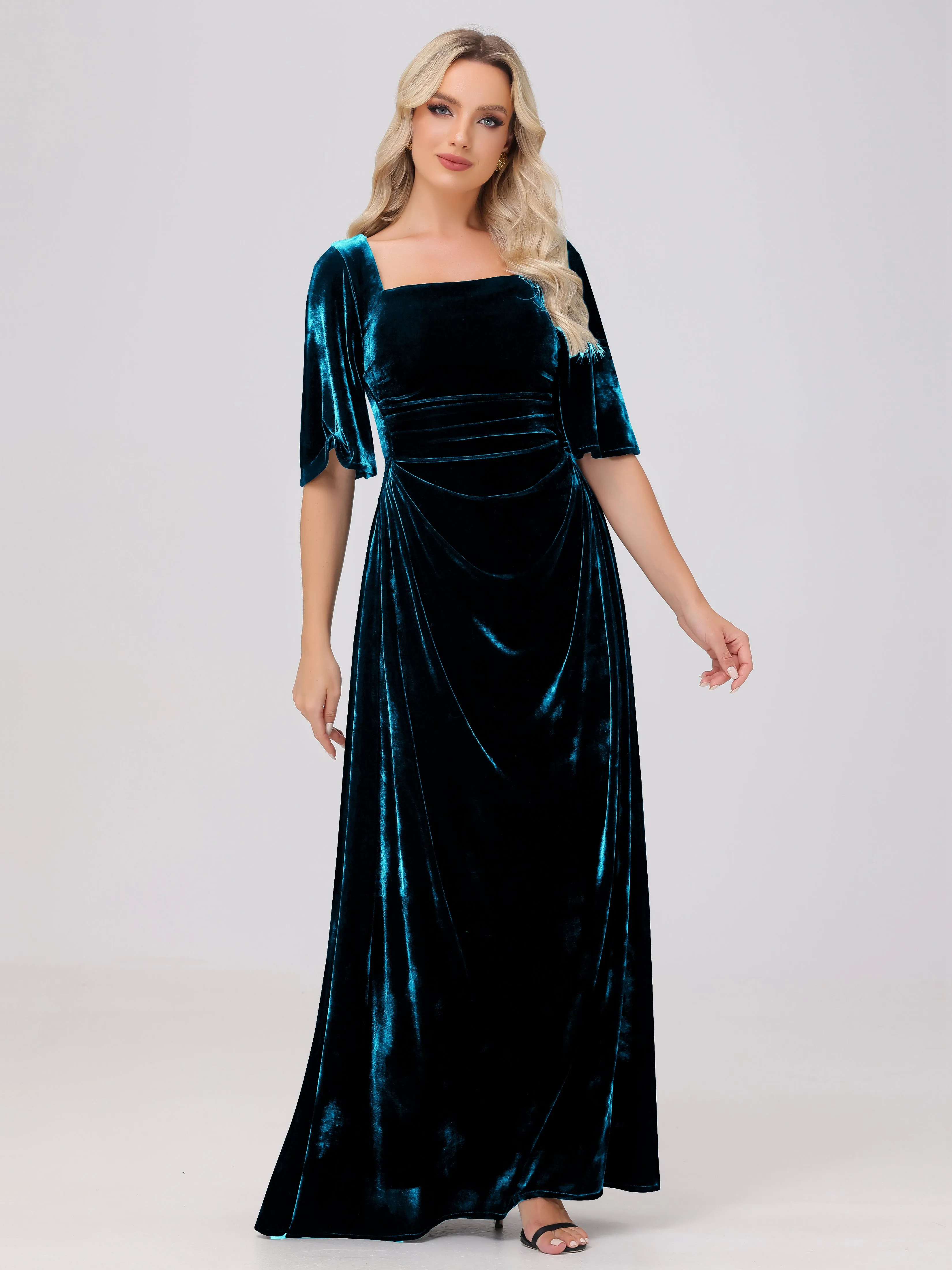 Half Sleeves Square Neck Velvet Bridesmaid Dresses