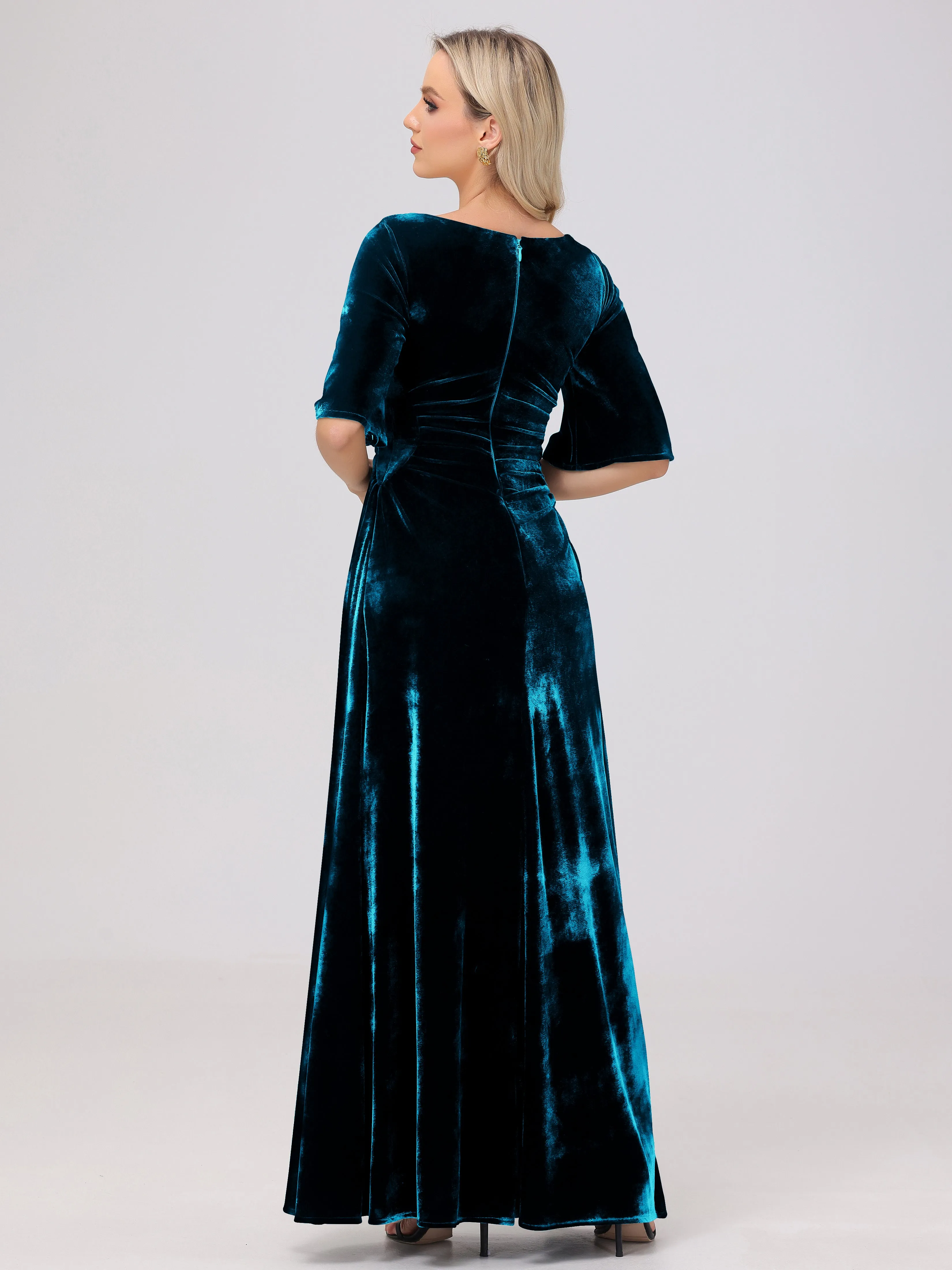 Half Sleeves Square Neck Velvet Bridesmaid Dresses