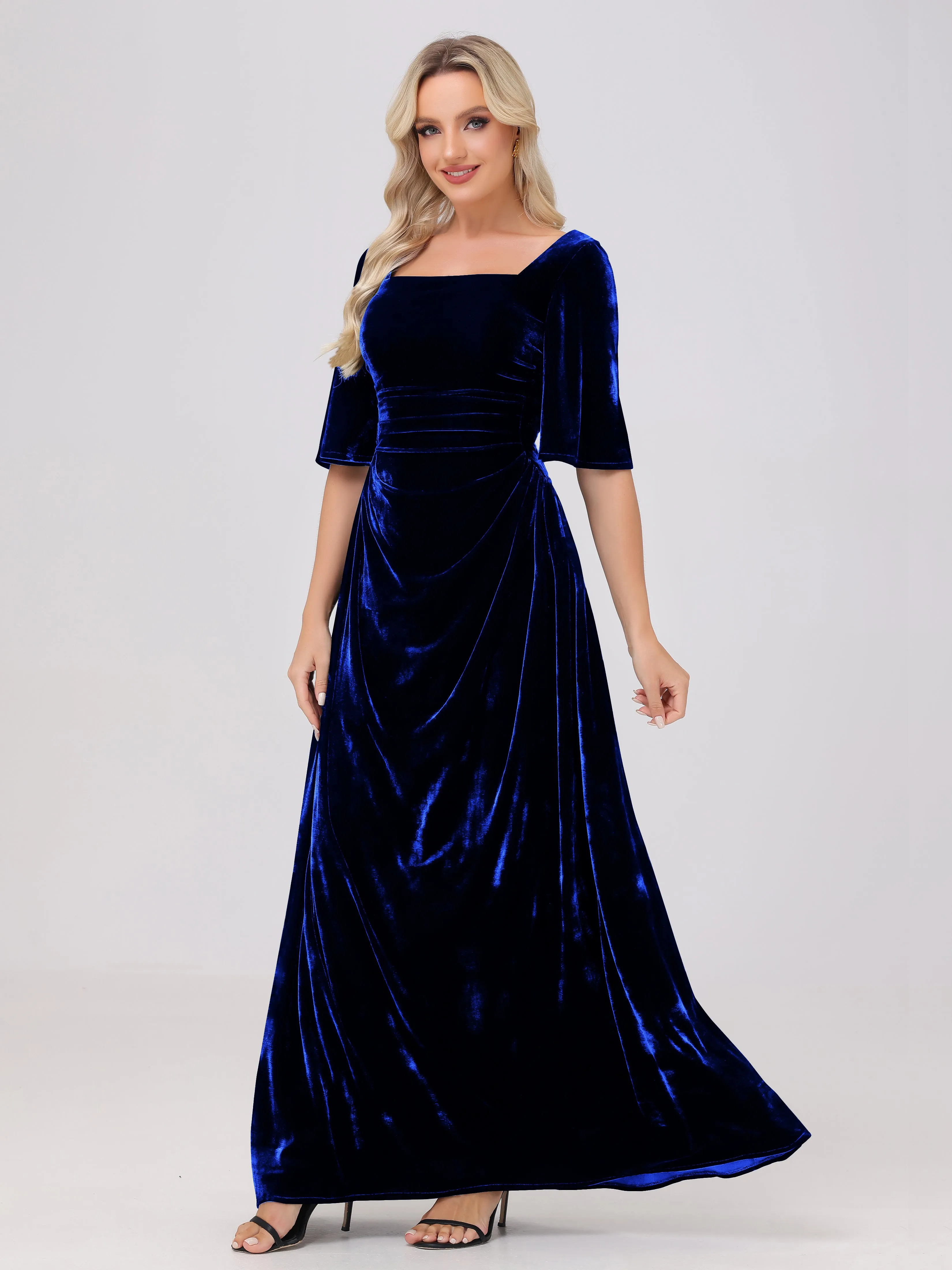 Half Sleeves Square Neck Velvet Bridesmaid Dresses