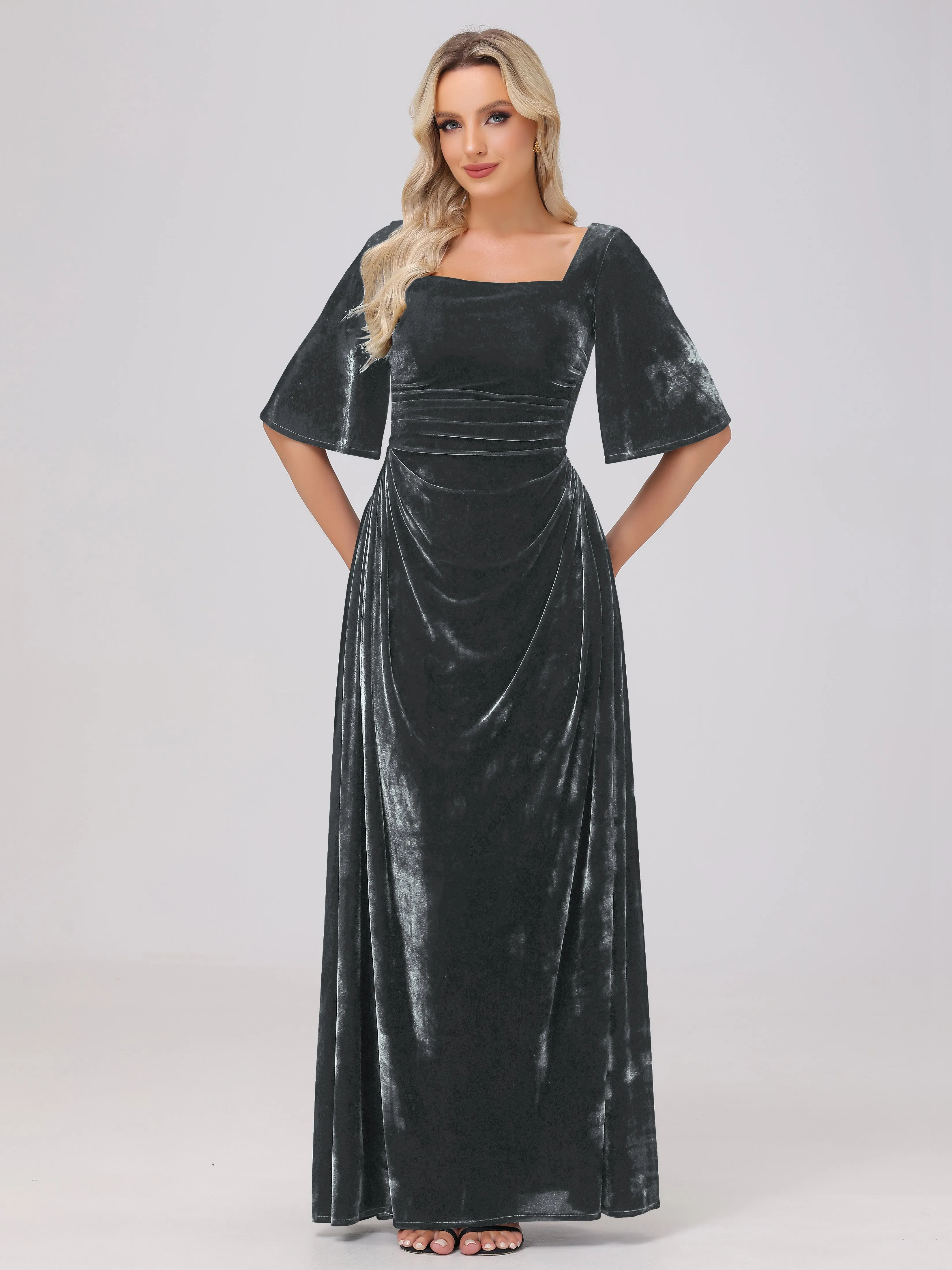 Half Sleeves Square Neck Velvet Bridesmaid Dresses