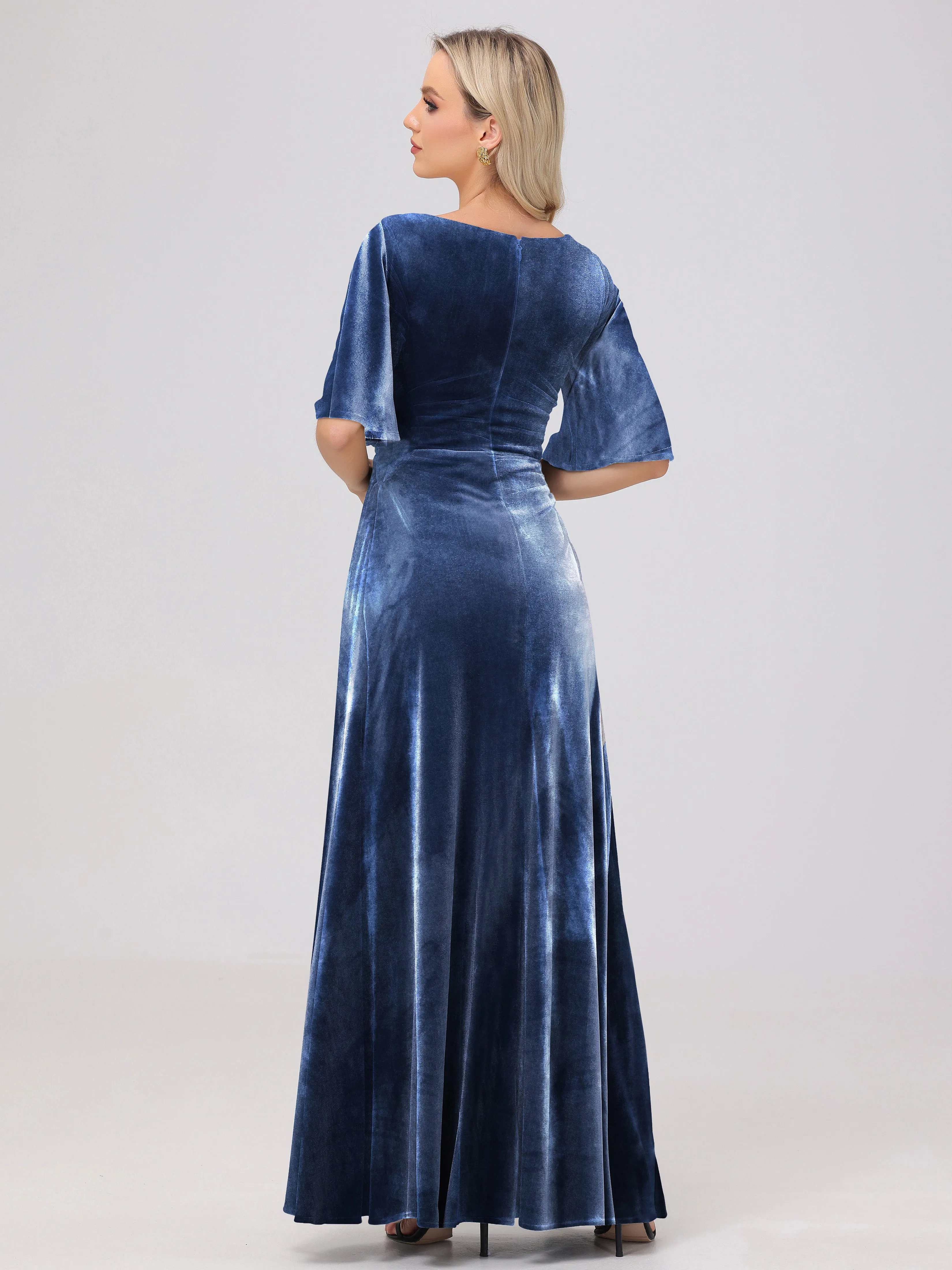 Half Sleeves Square Neck Velvet Bridesmaid Dresses
