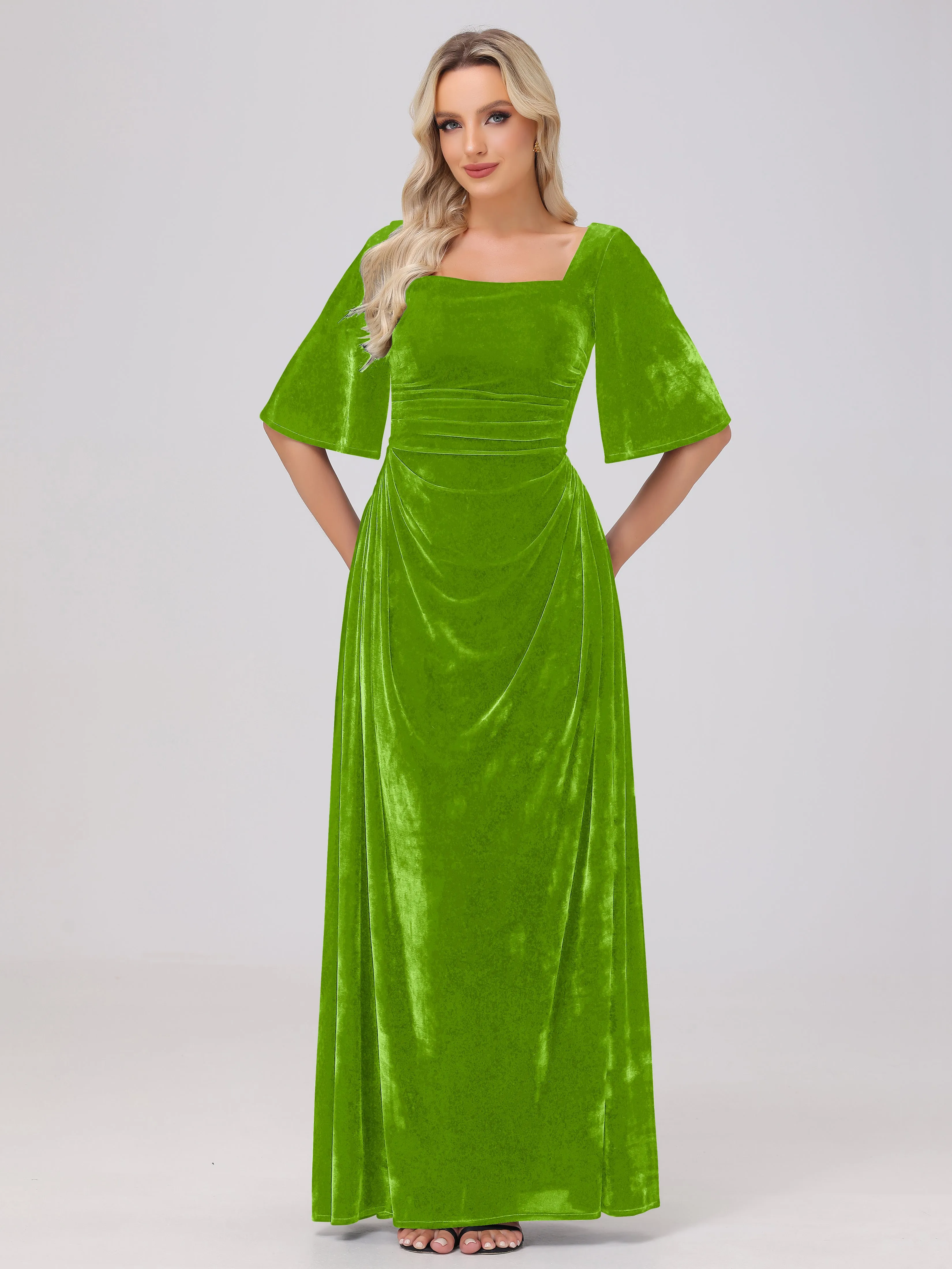 Half Sleeves Square Neck Velvet Bridesmaid Dresses