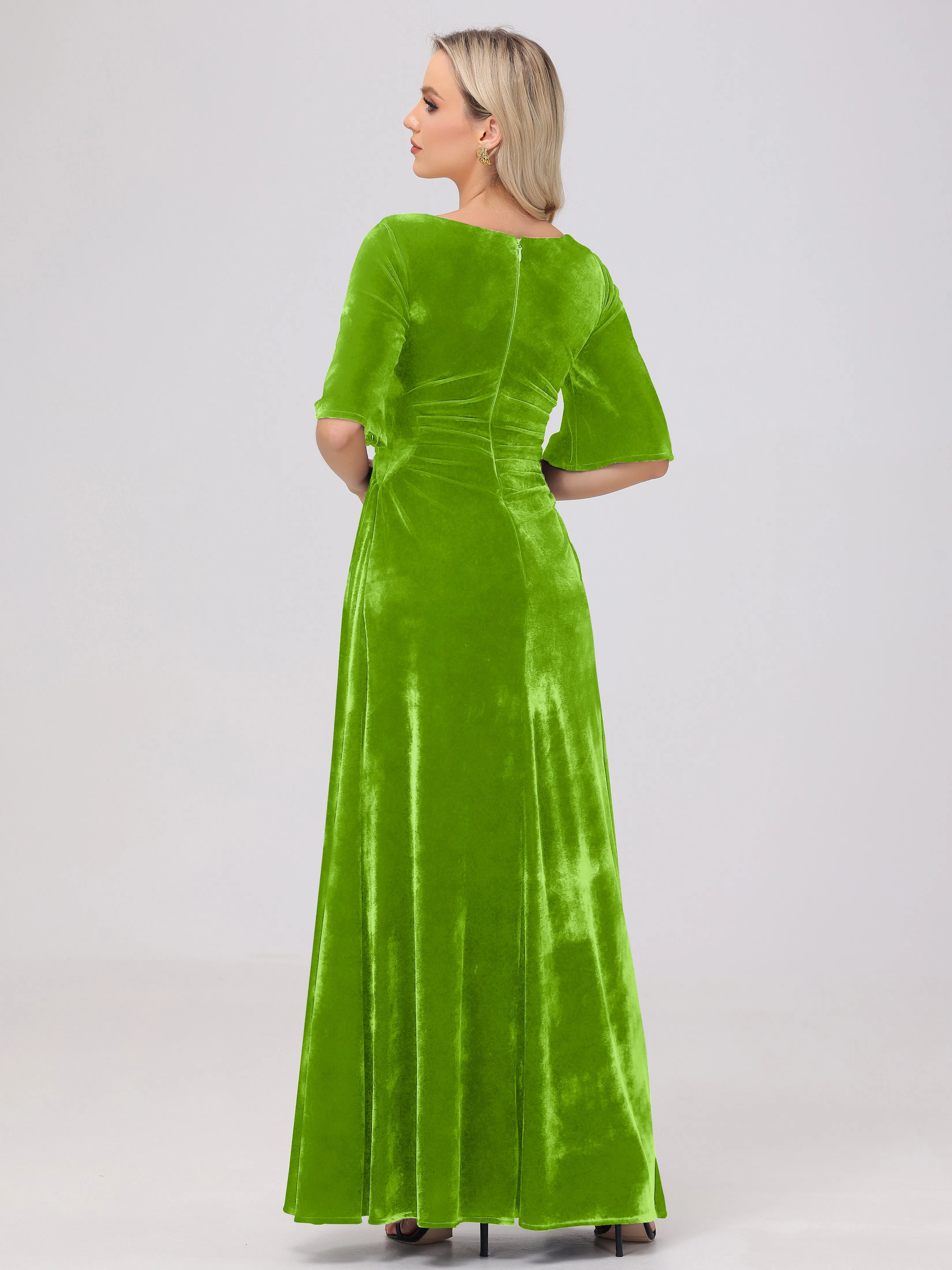 Half Sleeves Square Neck Velvet Bridesmaid Dresses